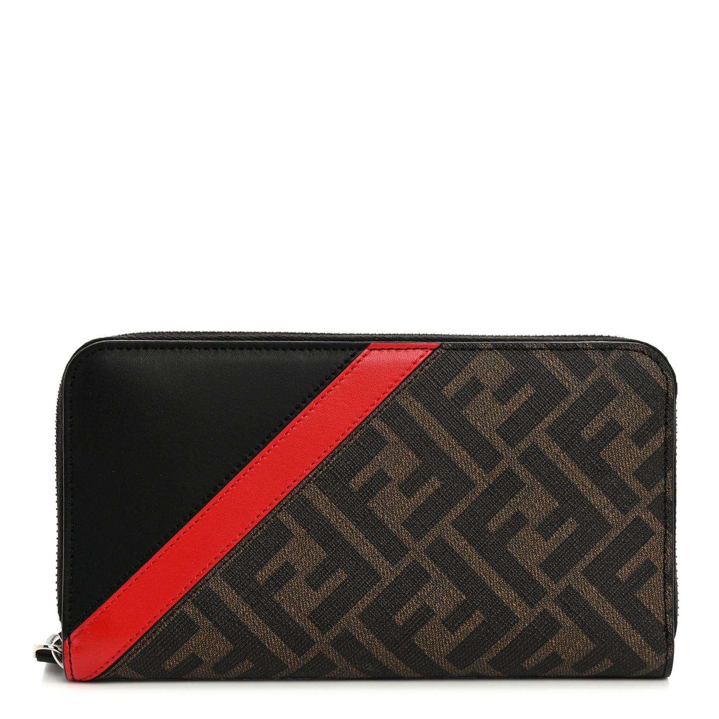 Glazed Fabric Vitello Liberty FF 1974 Diagonal Zip Around Wallet Tobacco Rosso Black