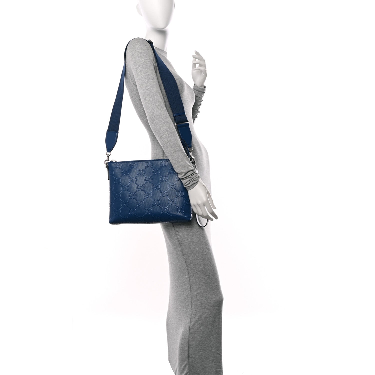 Gucci Calfskin GG Tennis Embossed Medium Wristlet Messenger Bag Intense Metal Blue 2 of 10