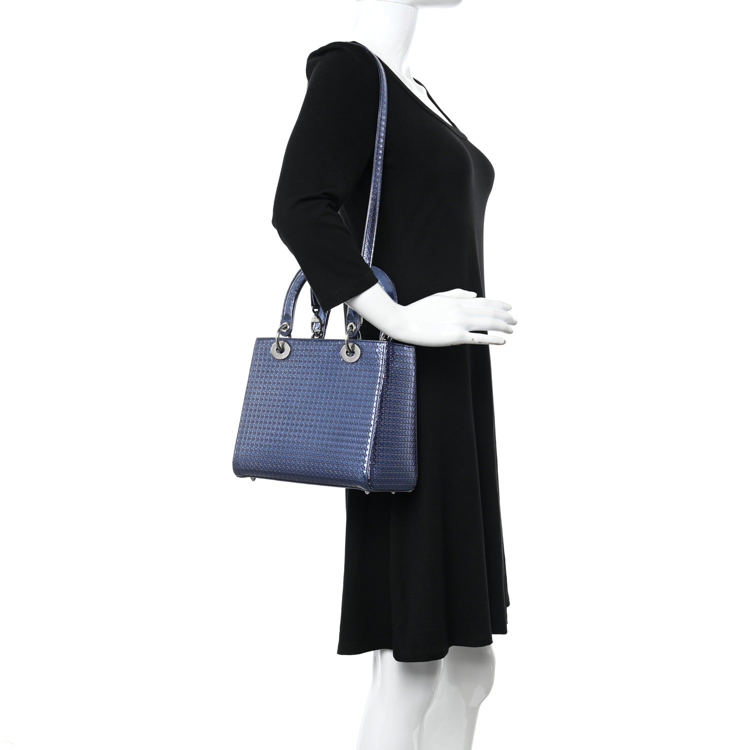 Christian Dior Metallic Patent Micro-Cannage Medium Lady Dior Blue 2 of 12