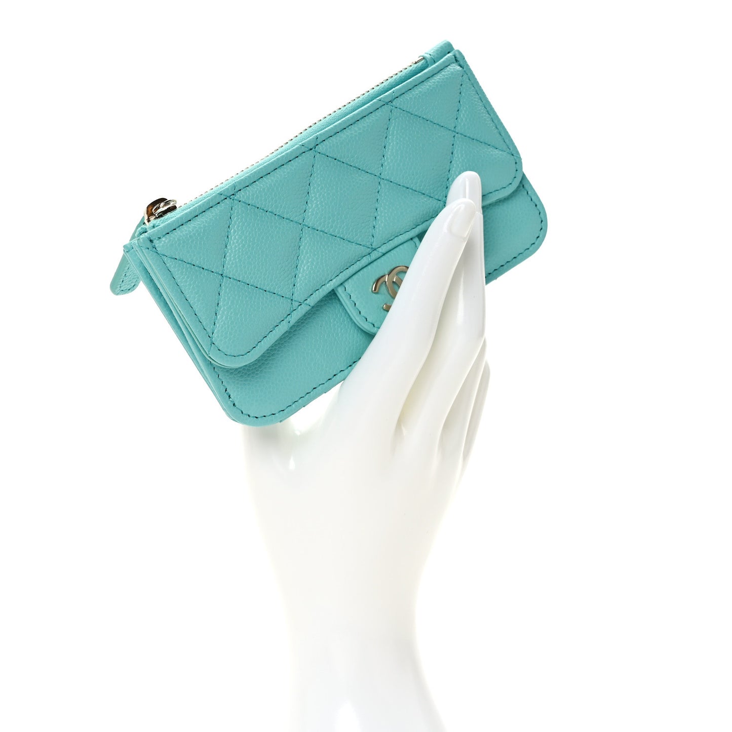 Caviar Quilted Flap Zip Card Holder Turquoise