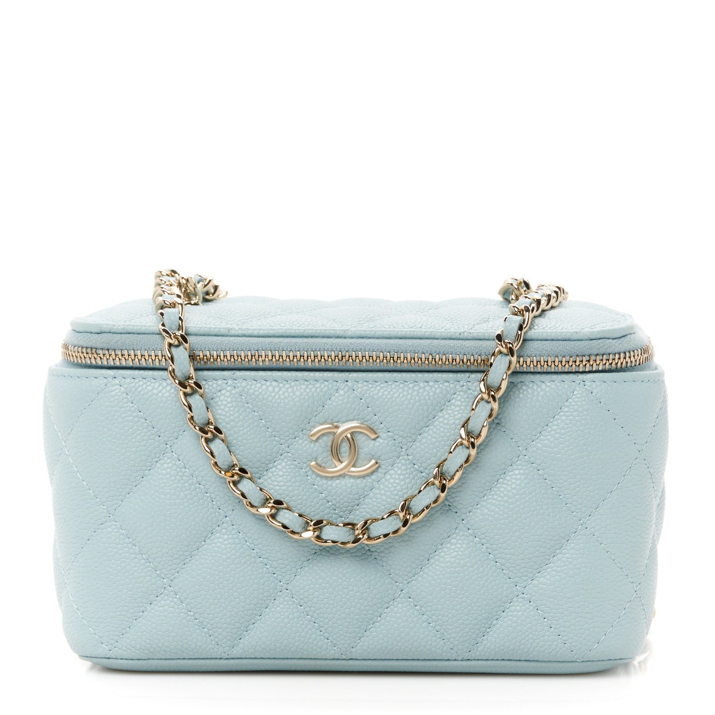 Caviar Quilted Small Tiny CC Vanity Case With Chain Light Blue