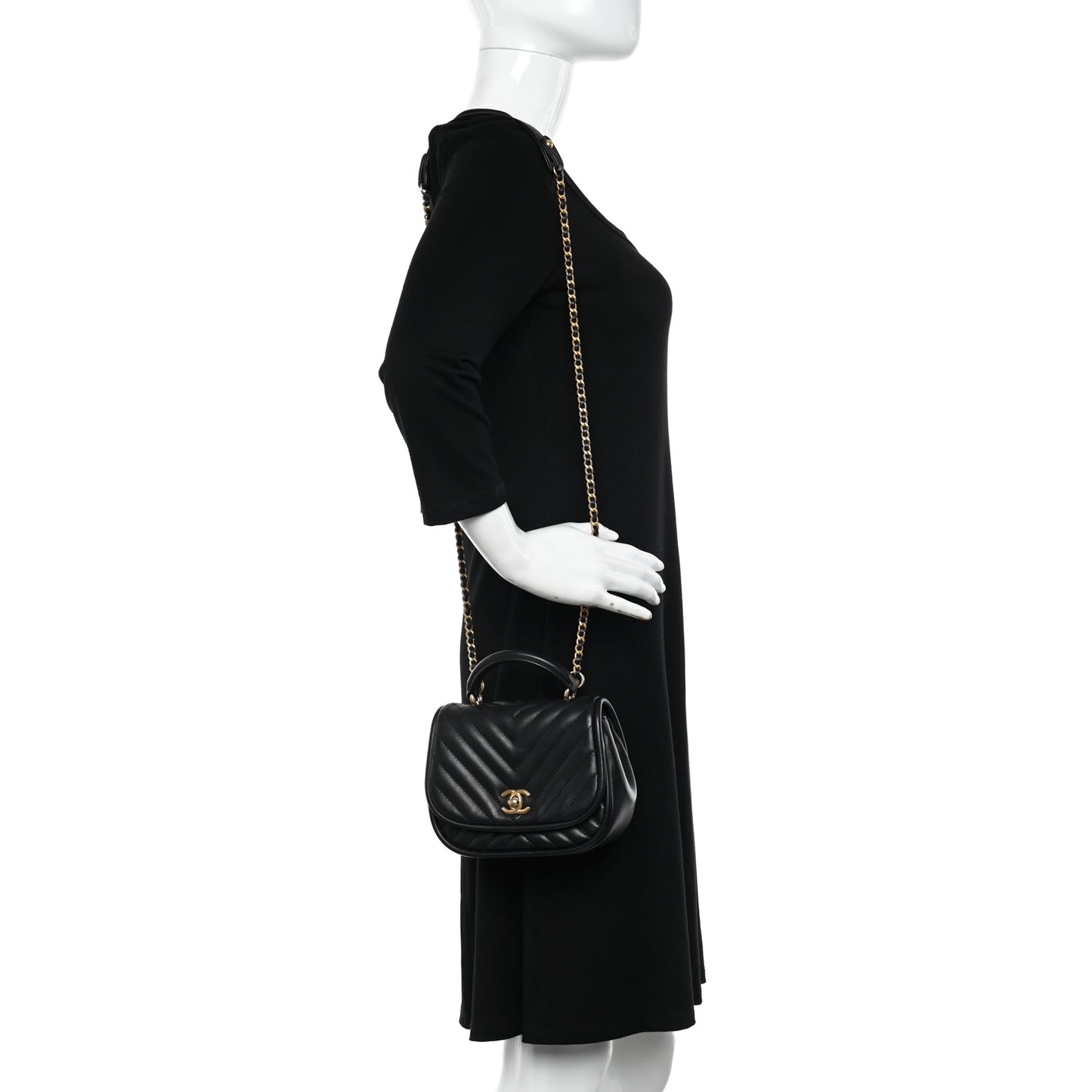 Lambskin Reverse Chevron Quilted Mini Round Top Handle Flap Black