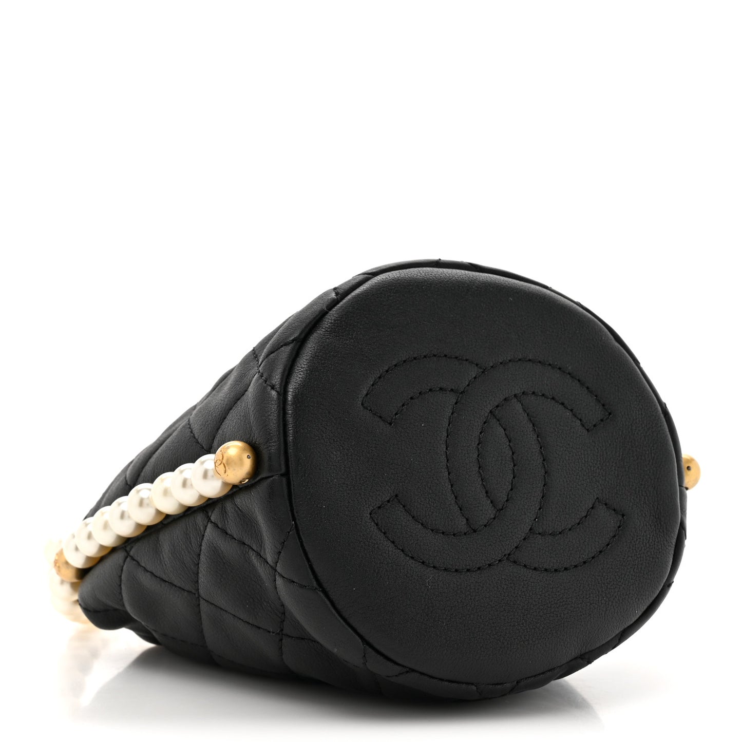 Calfskin Quilted Pearl Mini About Pearls Drawstring Bucket Bag Black