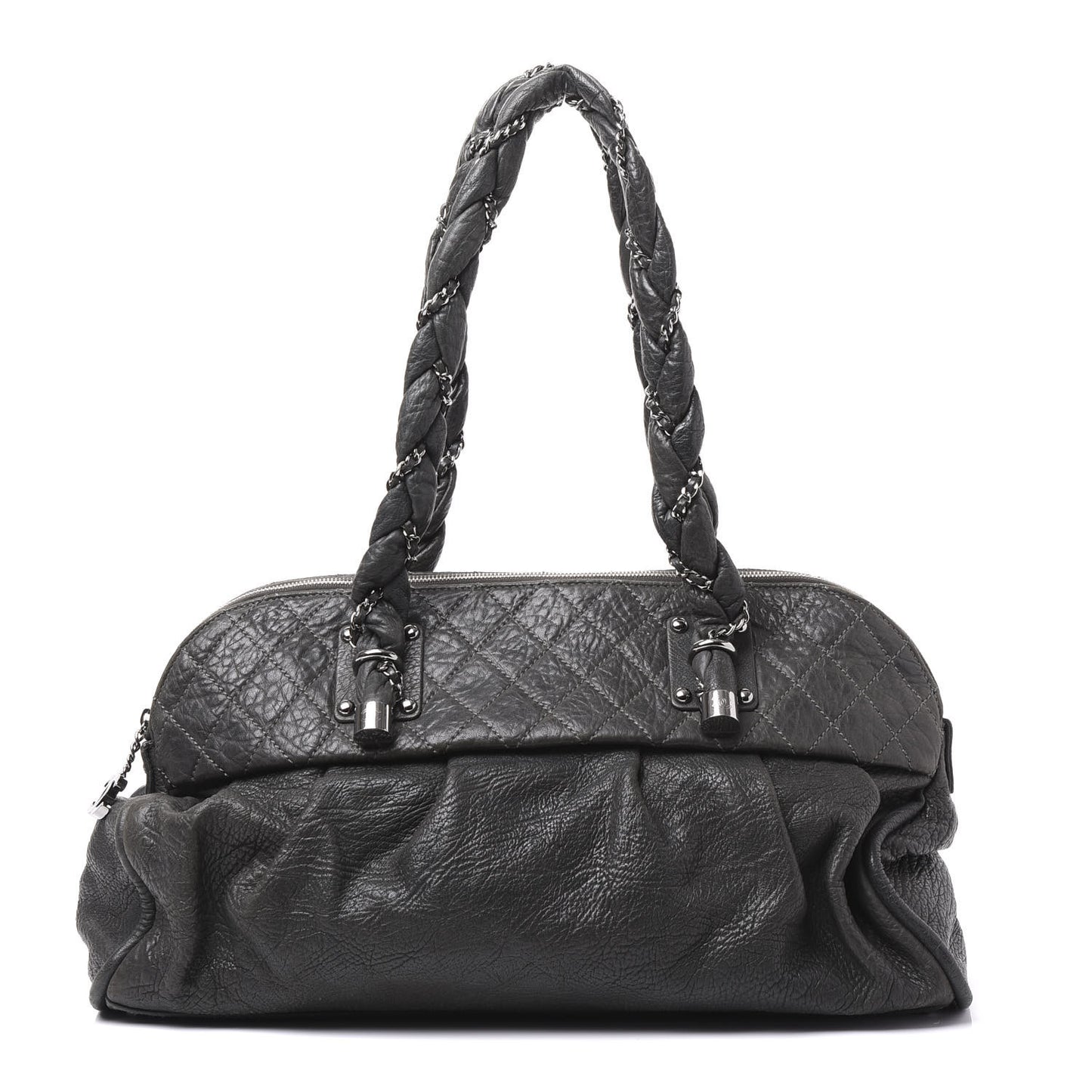 Distressed Lambskin Large Lady Braid Satchel Dark Grey