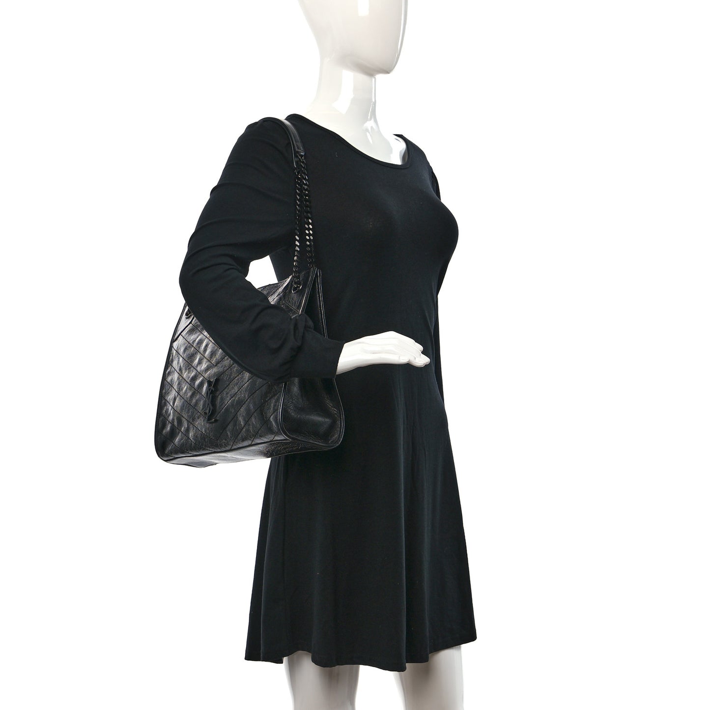 Crinkled Calfskin Matelasse Monogram Medium Niki Shopper Tote Black