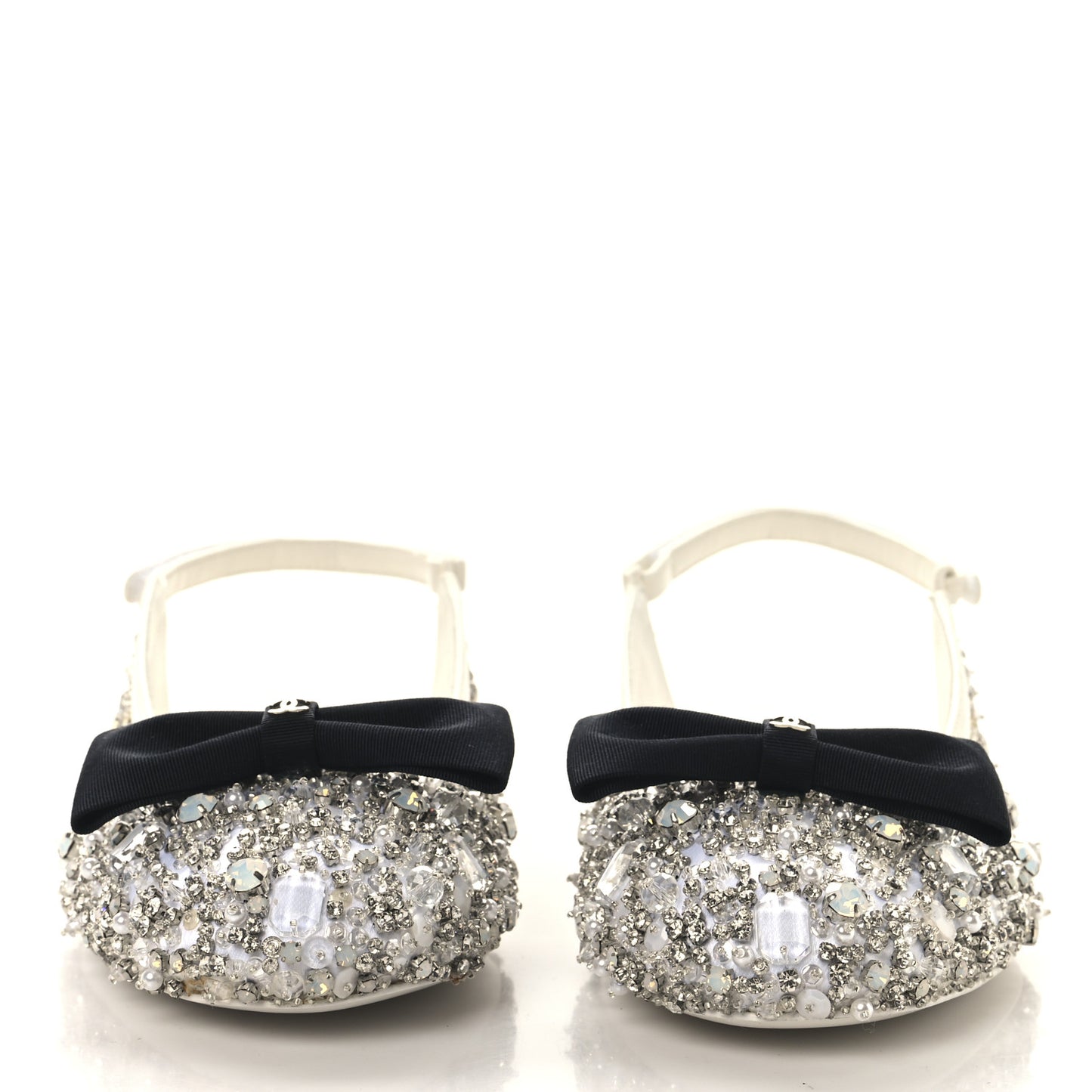 Satin Crystal Lambskin Grossgrain Bow CC Slingback Flats 38 White Black