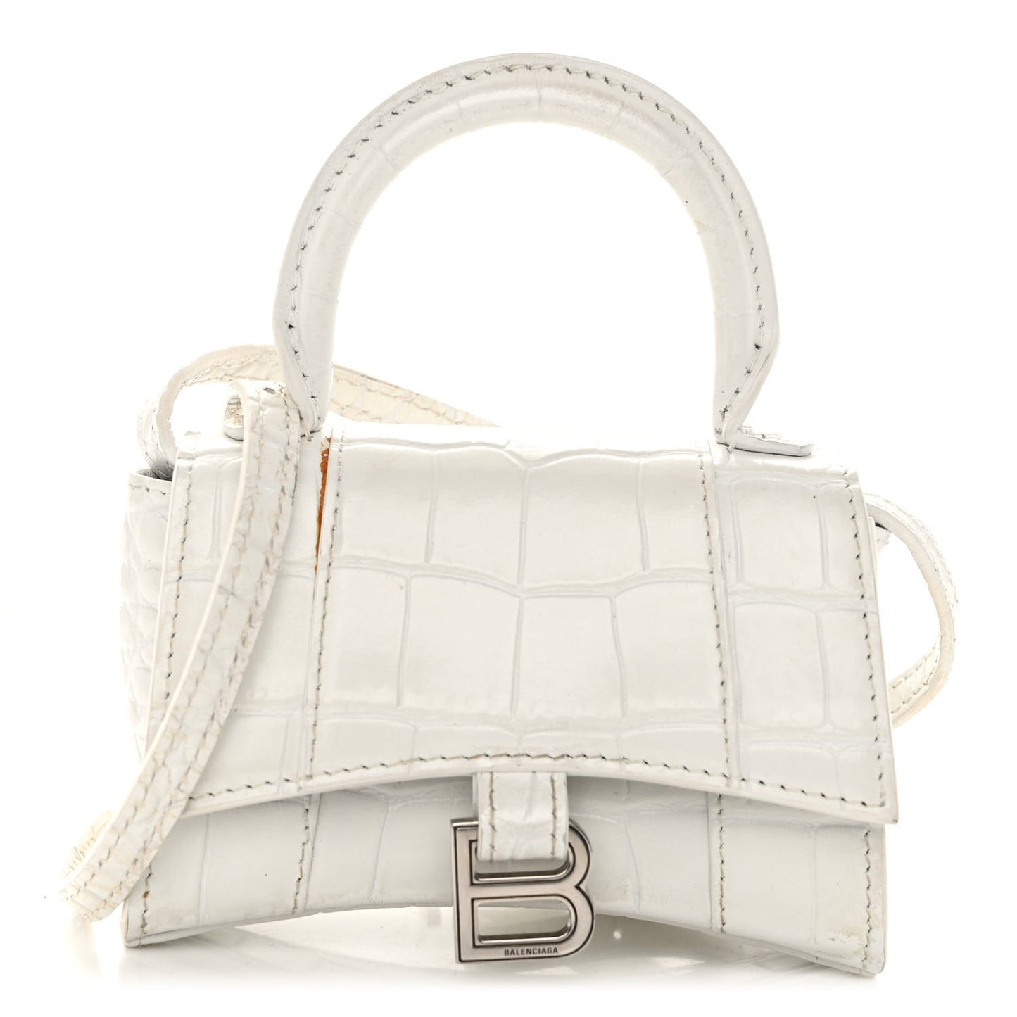 Shiny Calfskin Crocodile Embossed Hourglass Top Handle Bag XS White