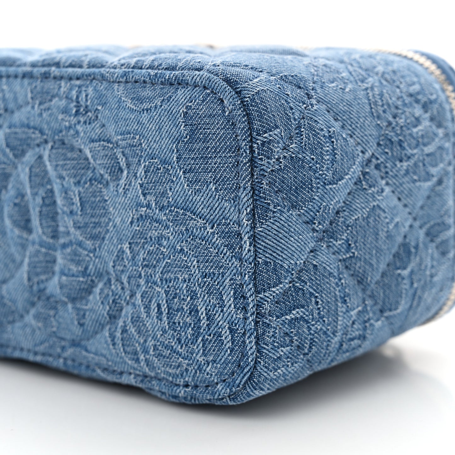 Denim Quilted Sweetheart Small Vanity Case With Chain Blue