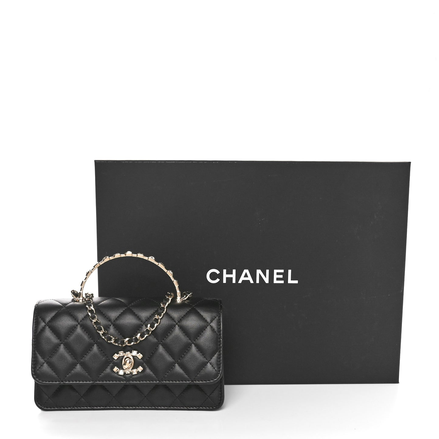 Lambskin Quilted Crystal Top Handle Clutch With Chain Black