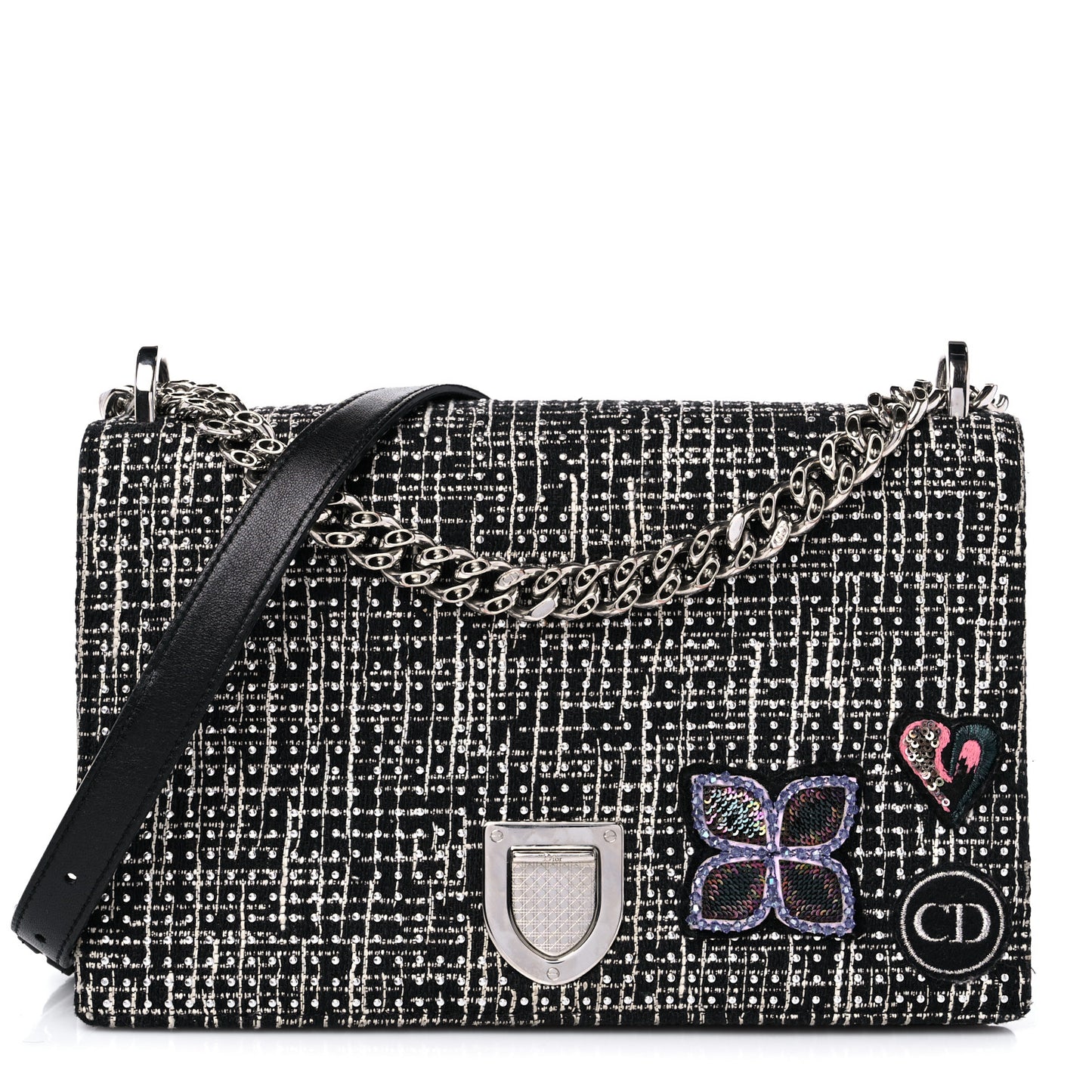 Tweed Embellished Diorama Flap Bag Black White