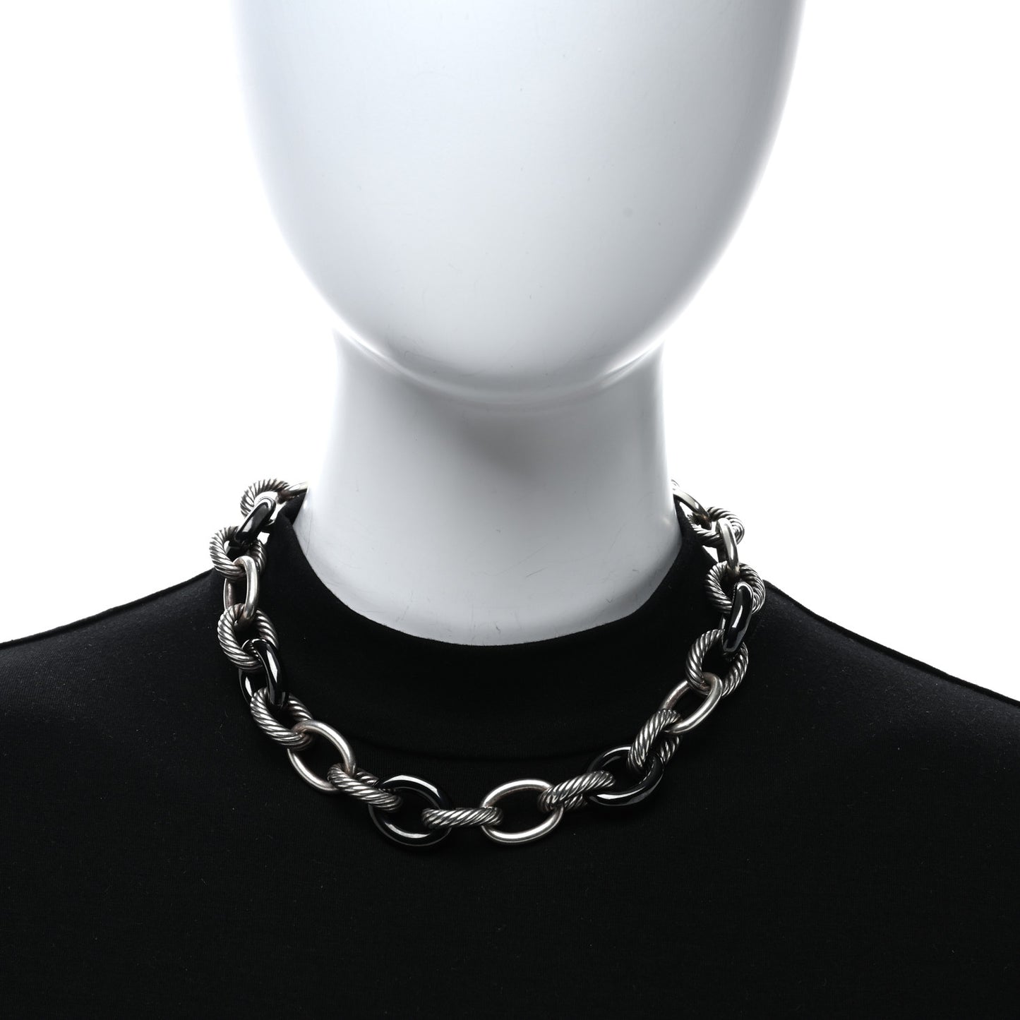 Sterling Silver Black Ceramic 18mm Large Oval Link Necklace Black