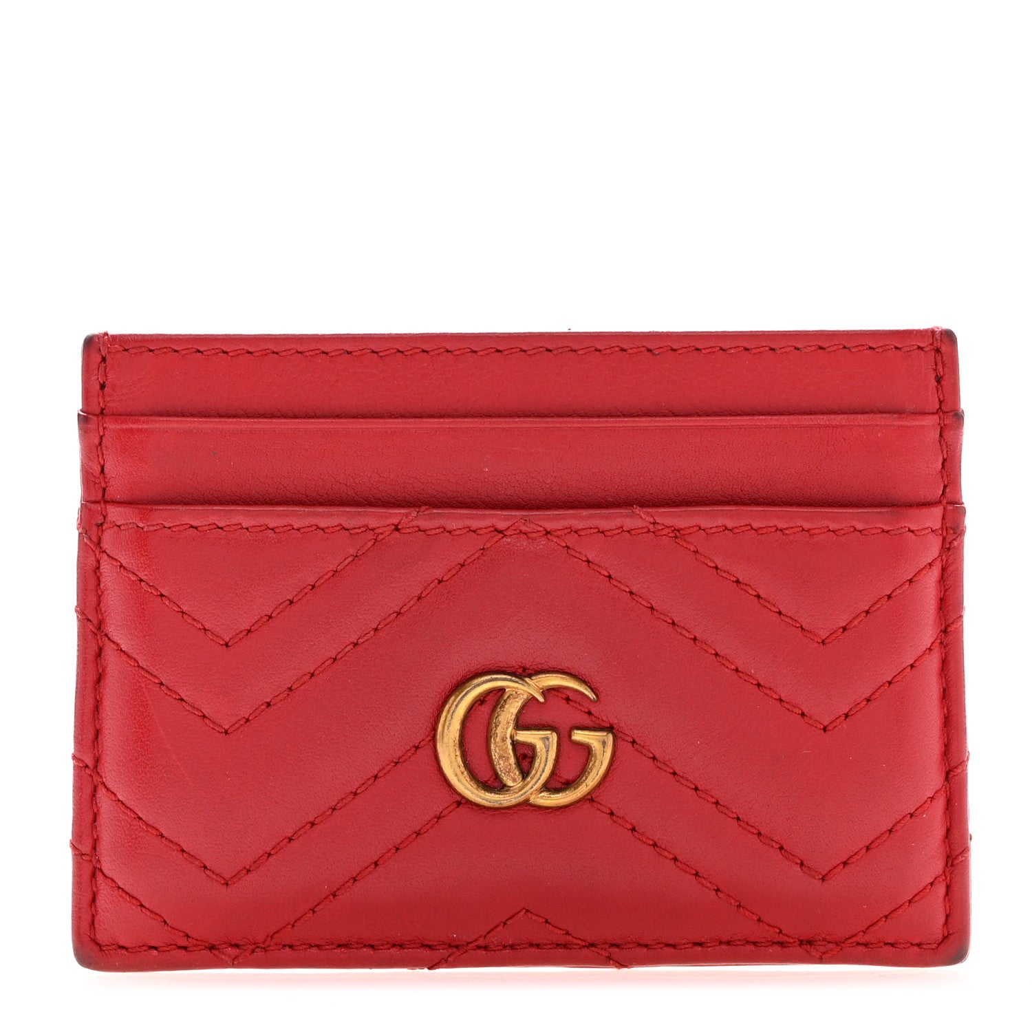 Gucci Calfskin Matelasse GG Marmont Card Holder Hibiscus Red