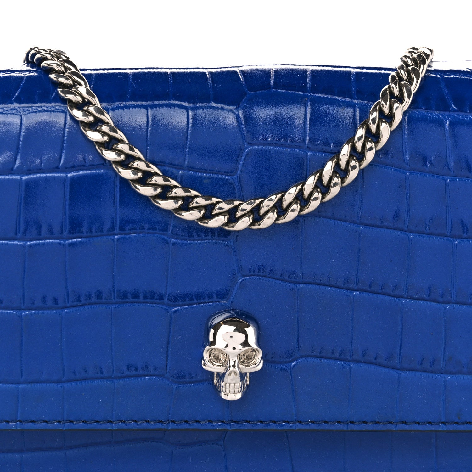 Alexander McQueen Calfskin Crocodile Embossed Skull Mini Crossbody Bag Deep Lapis Blue 7 of 10
