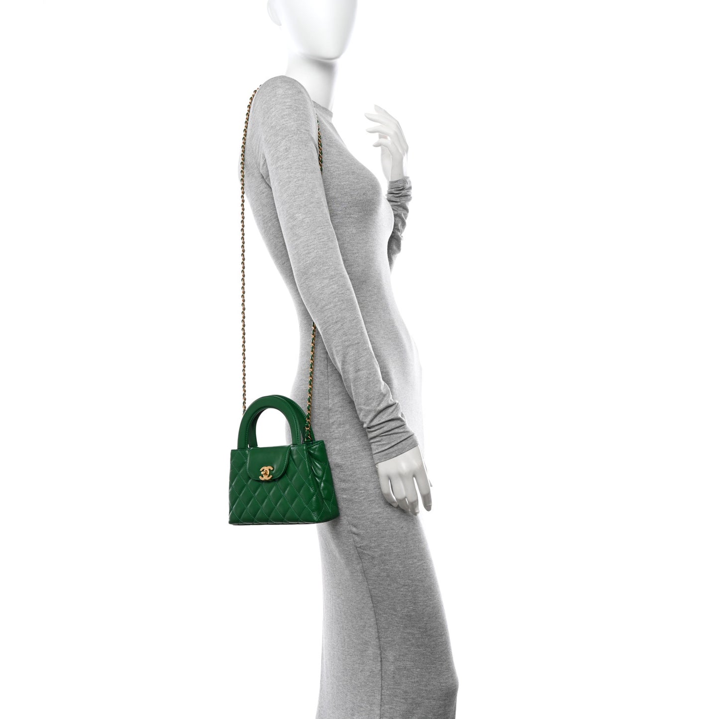 Shiny Aged Calfskin Quilted Nano Kelly Shopper Green