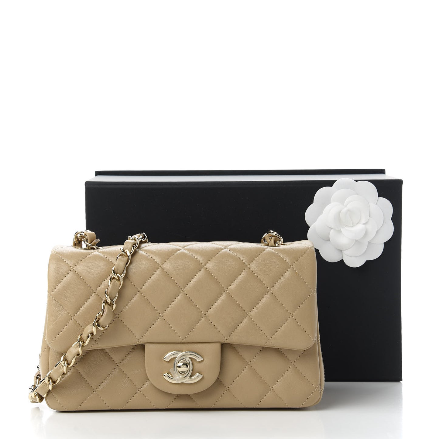 Lambskin Quilted Mini Rectangular Flap Dark Beige