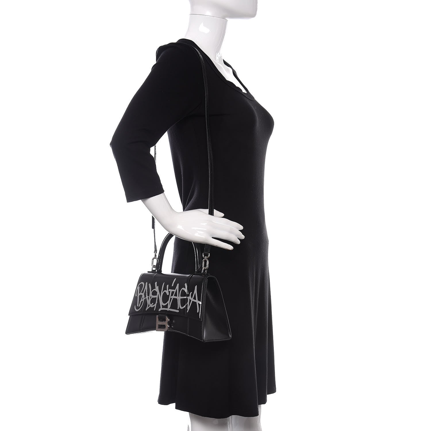 Balenciaga Shiny Box Calfskin Graffiti Logo Small Hourglass Top Handle Bag Black Silver 2 of 10