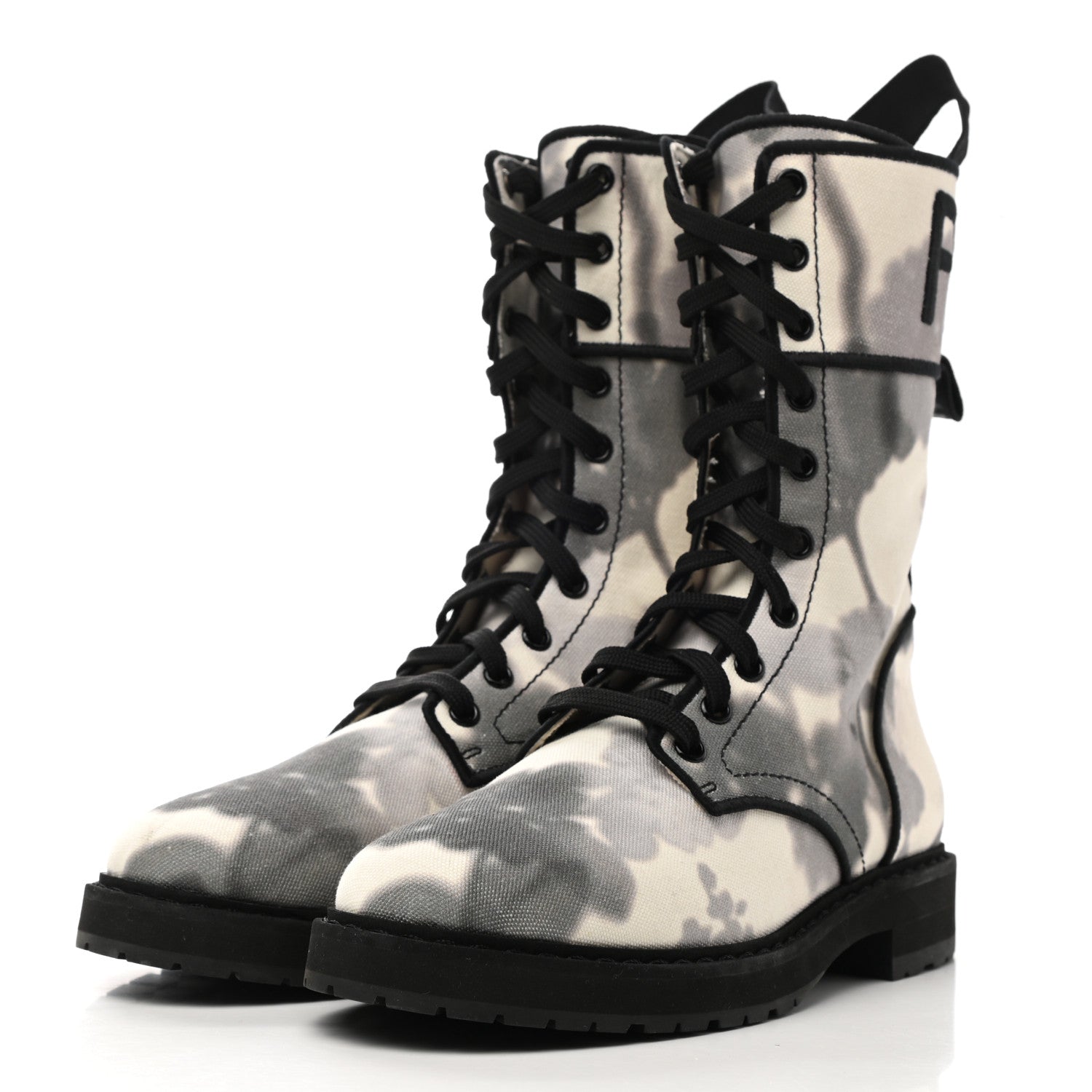 Fendi Canvas Floral Print Logo Bi-Color Womens Biker Boots 37 White Black 3 of 11