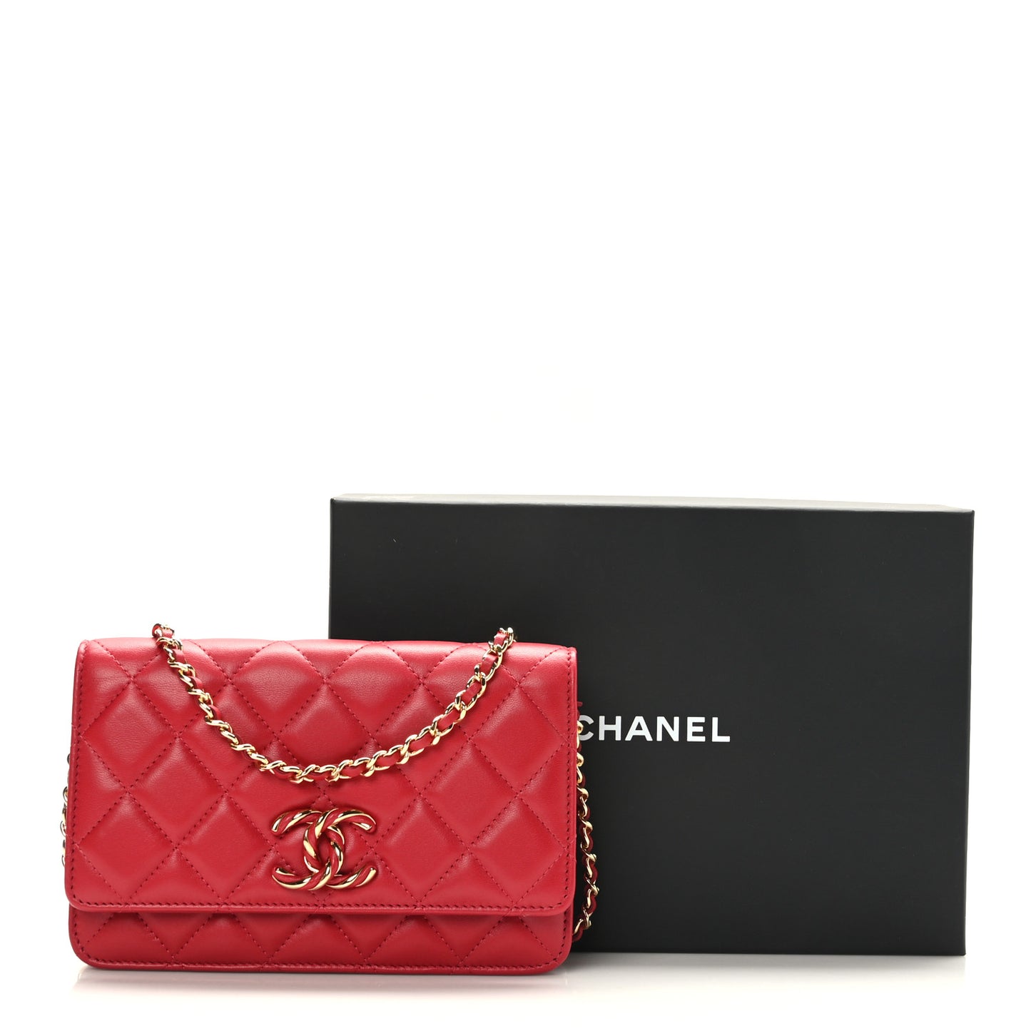 Lambskin Quilted Twisted CC Wallet On Chain WOC Red