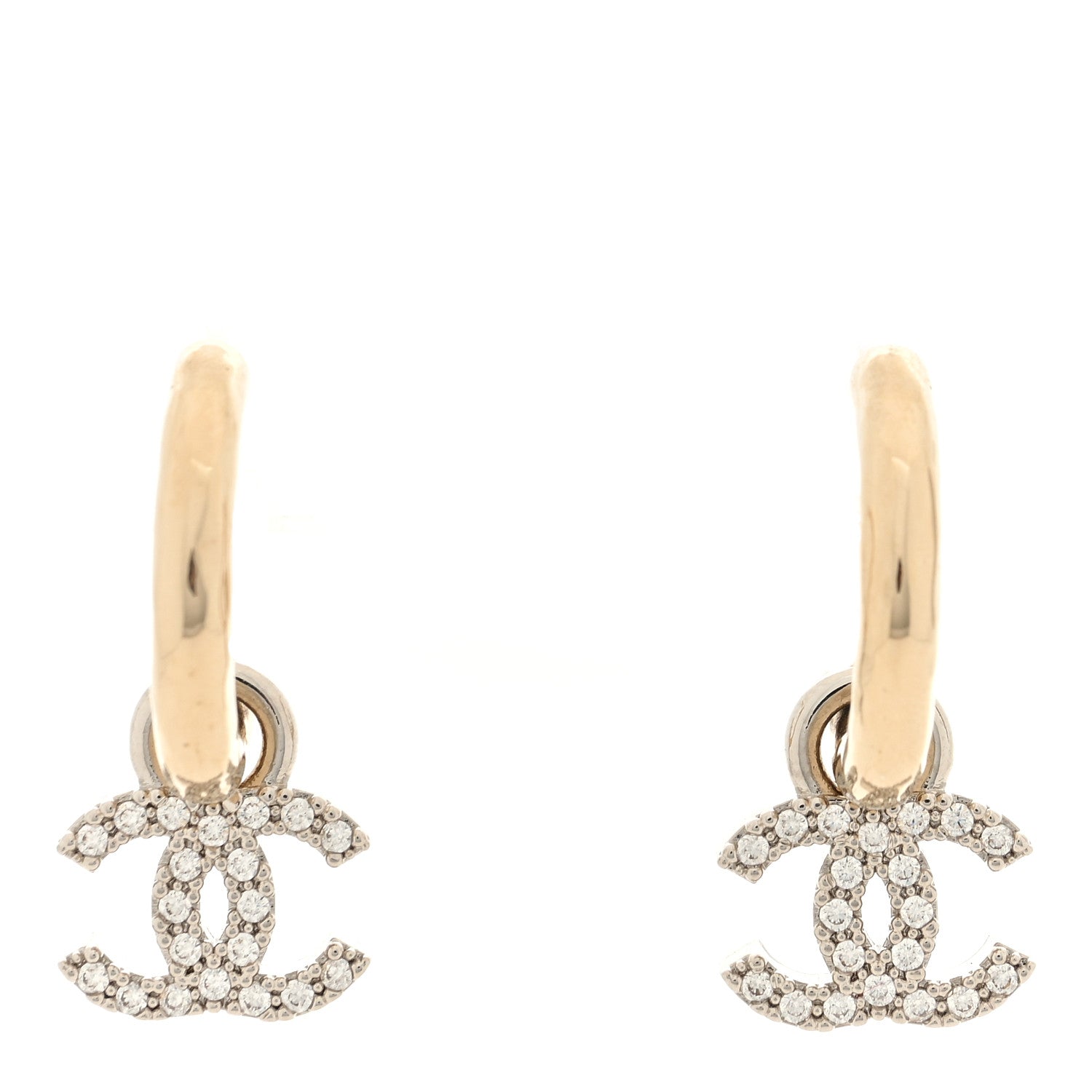 Chanel Crystal CC Hoop Drop Earrings Light Gold 1 of 4