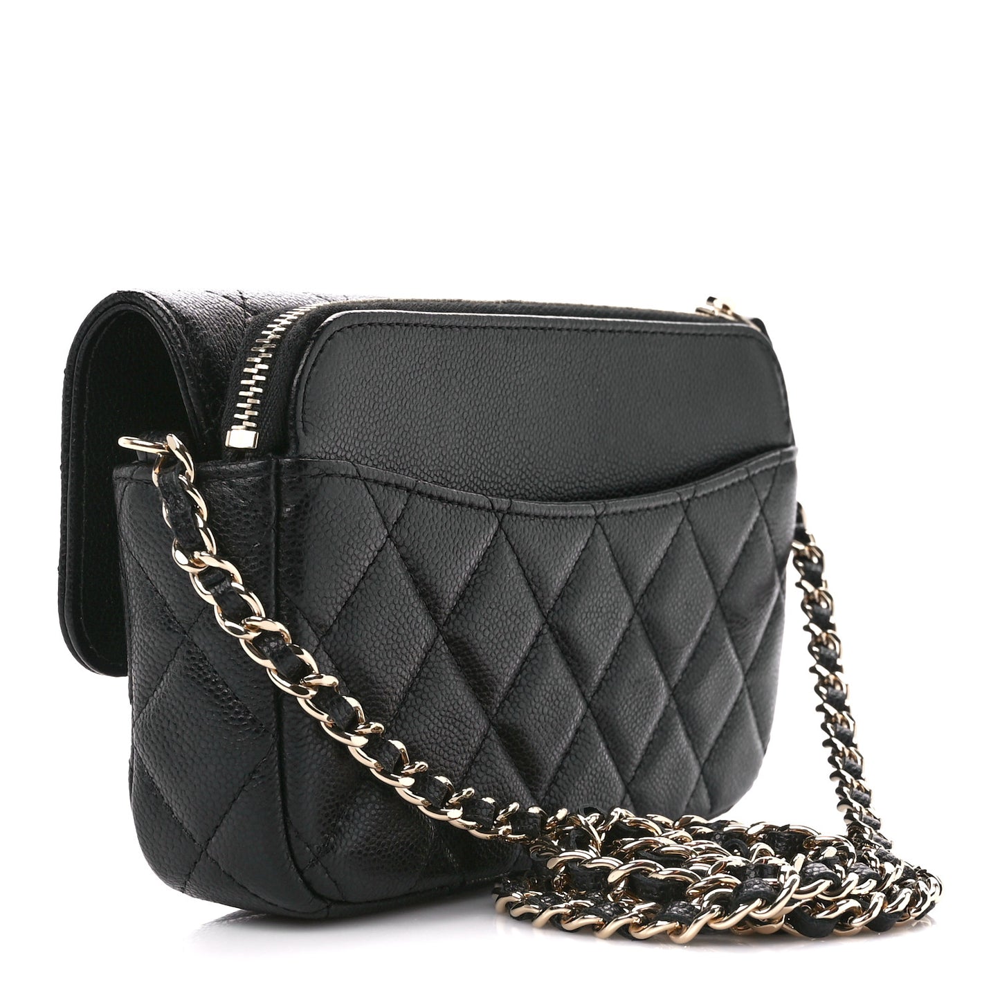 Caviar Quilted Flap Phone Holder With Chain Black