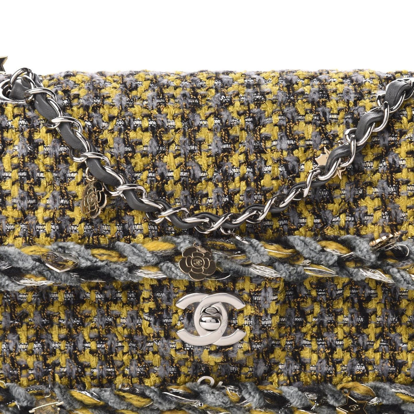 Tweed Braided Charms Small Flap Yellow Grey Black