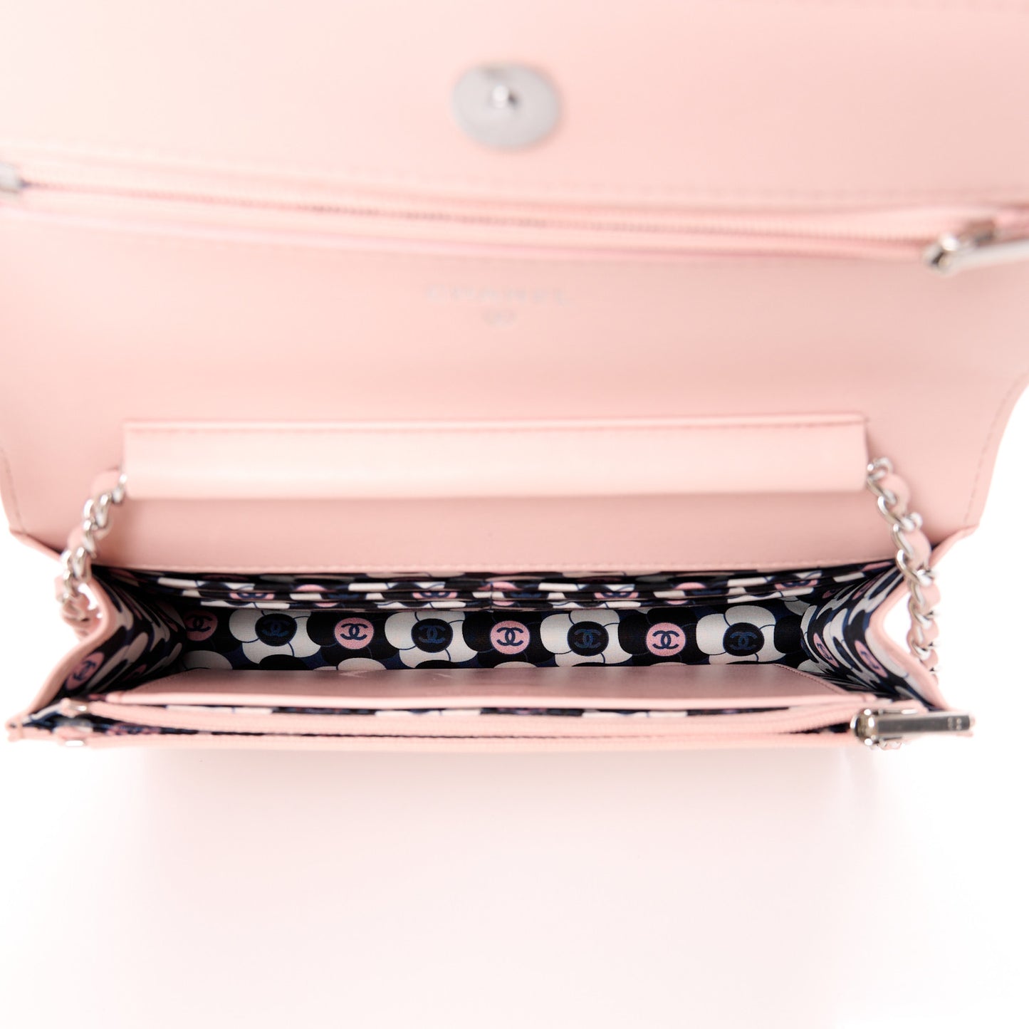 Calfskin Enamel Quilted CC Wallet On Chain WOC Pink