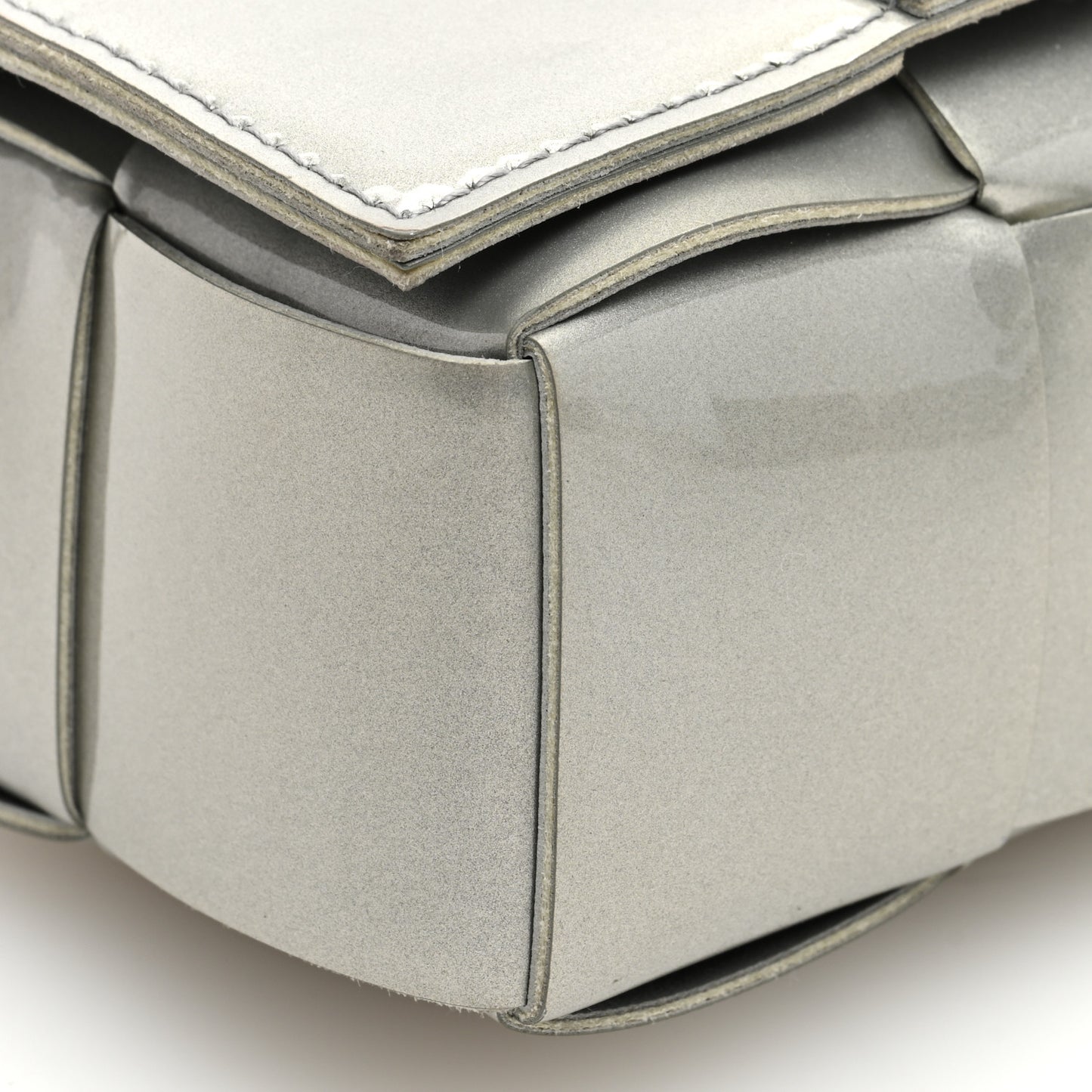 Metallic Patent Calfskin Maxi Intrecciato Extra Mini Cassette Crossbody Bag Silver