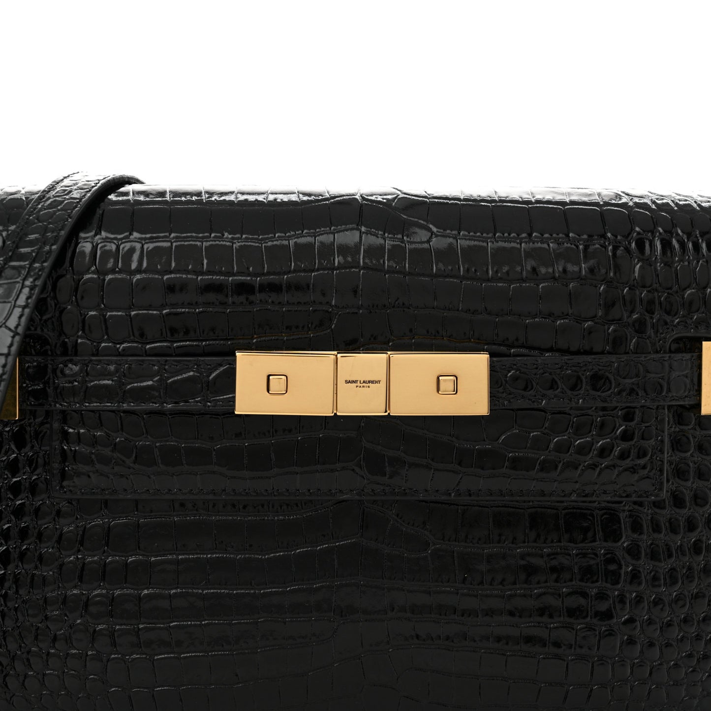 Shiny Calfskin Crocodile Embossed Small Manhattan Baguette Black