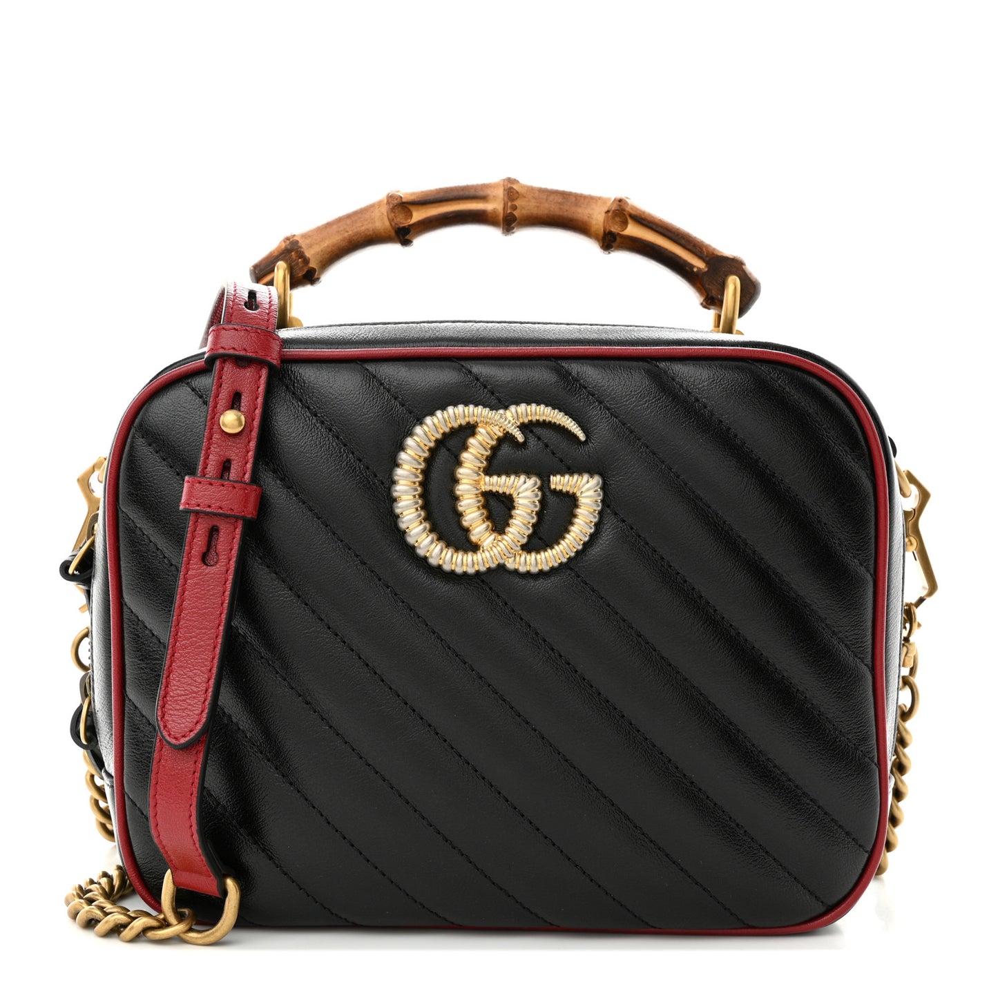 Vintage Effect Calfskin Matelasse Diagonal Small Torchon GG Marmont Bamboo Top Handle Shoulder Bag Black Romantic Cherry