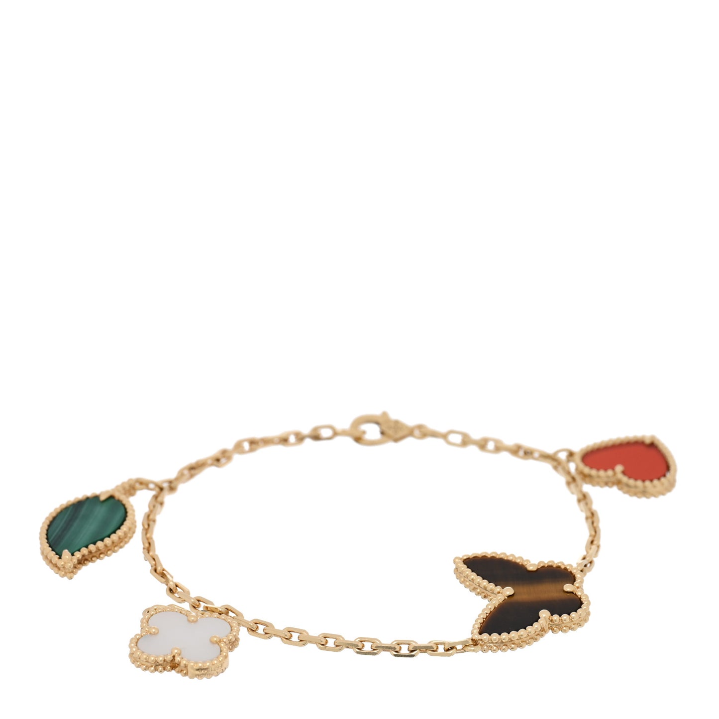 18K Yellow Gold Mother of Pearl Malachite Carnelian Tiger Eye 4 Motifs Lucky Alhambra Bracelet