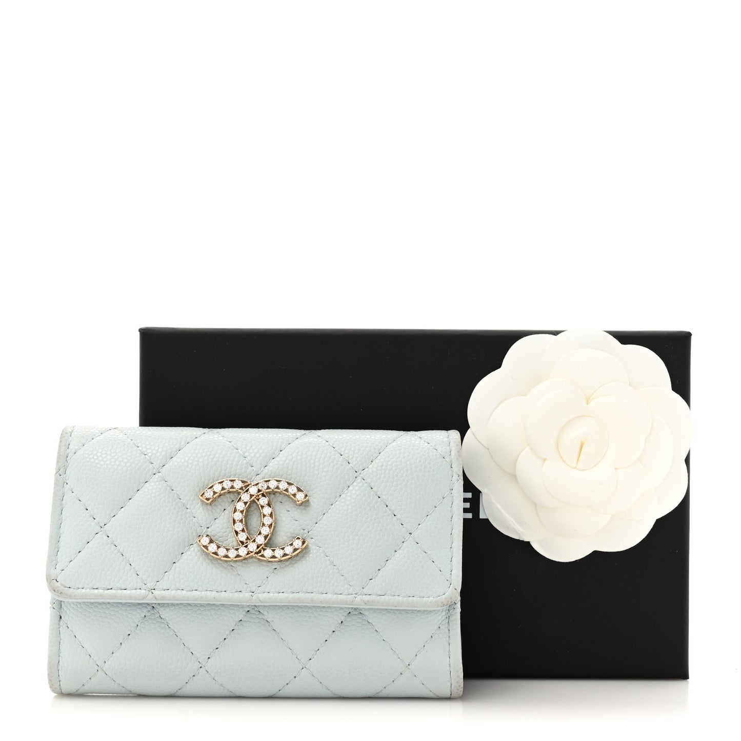 Shiny Caviar Quilted Crystal CC Flap Card Holder Light Blue