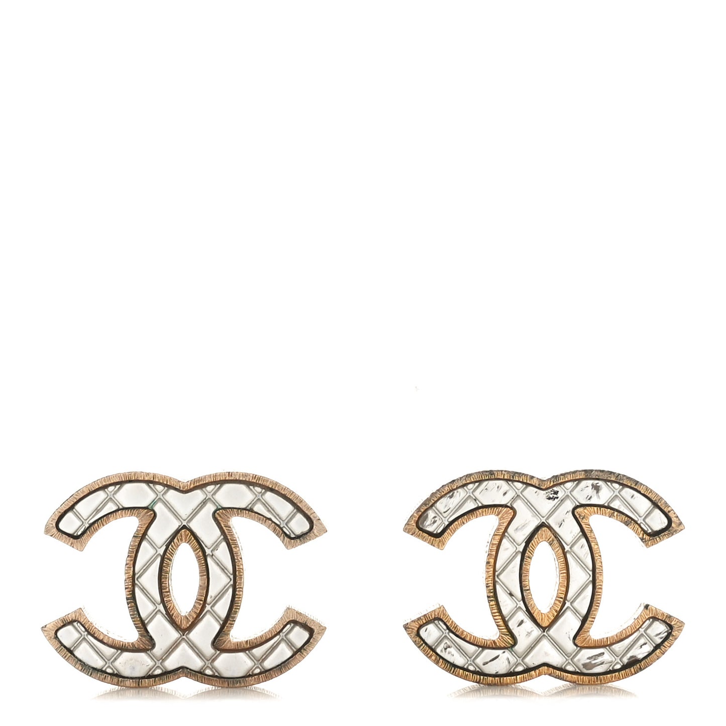 Metal Quilted CC Earrings Gold White