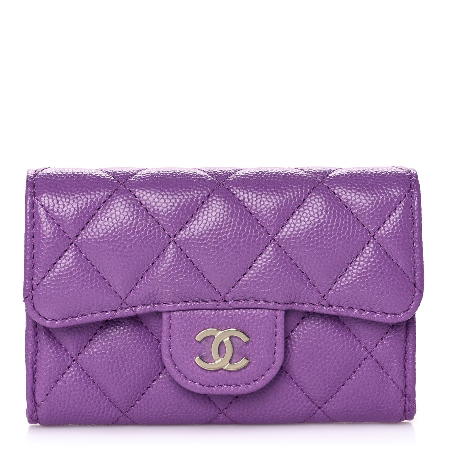 Caviar Quilted Flap Card Holder Wallet Purple