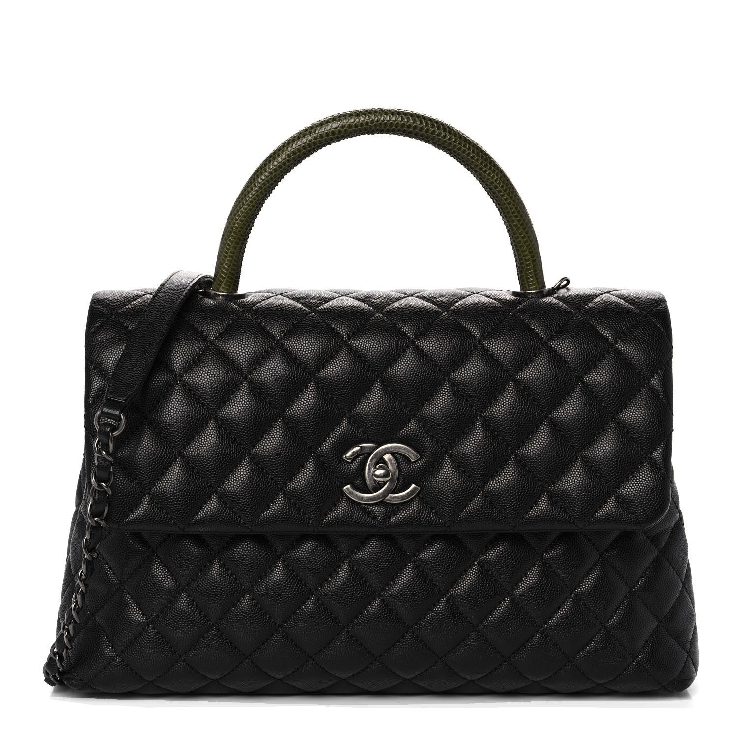 Chanel Caviar Lizard Quilted Medium Coco Handle Flap Black Green 1 of 11