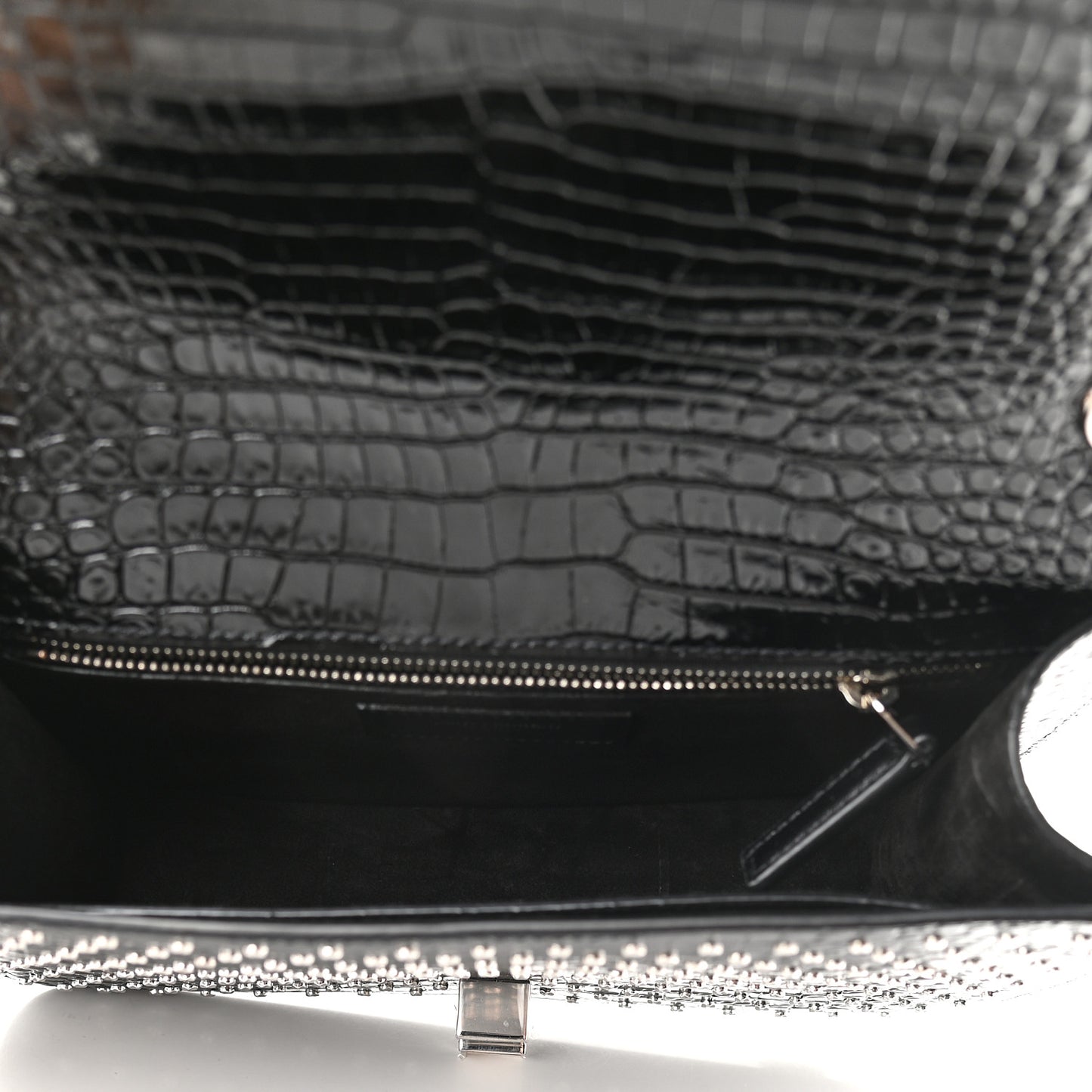 Crocodile Embossed Calfskin Crystal Embellished Carre Satchel Black