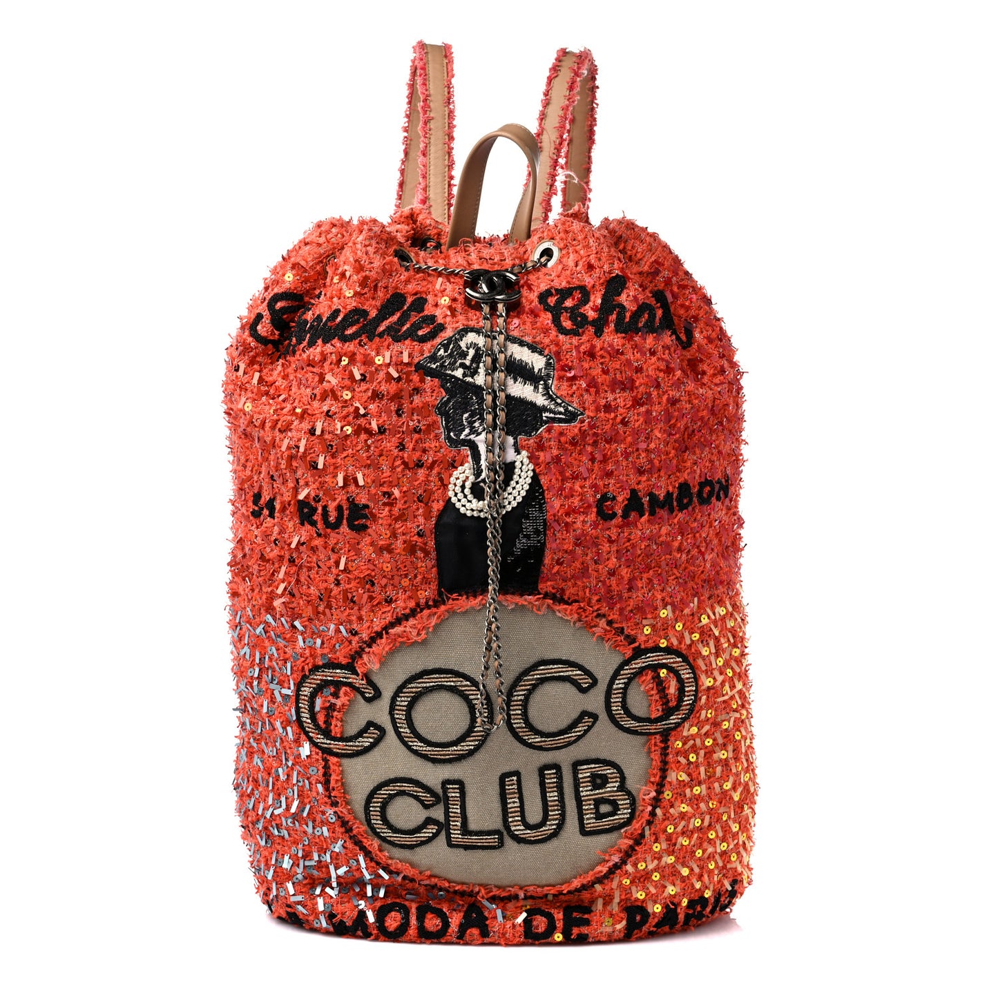Tweed Sequins Embroidered Cubano Trip Backpack Orange Coral