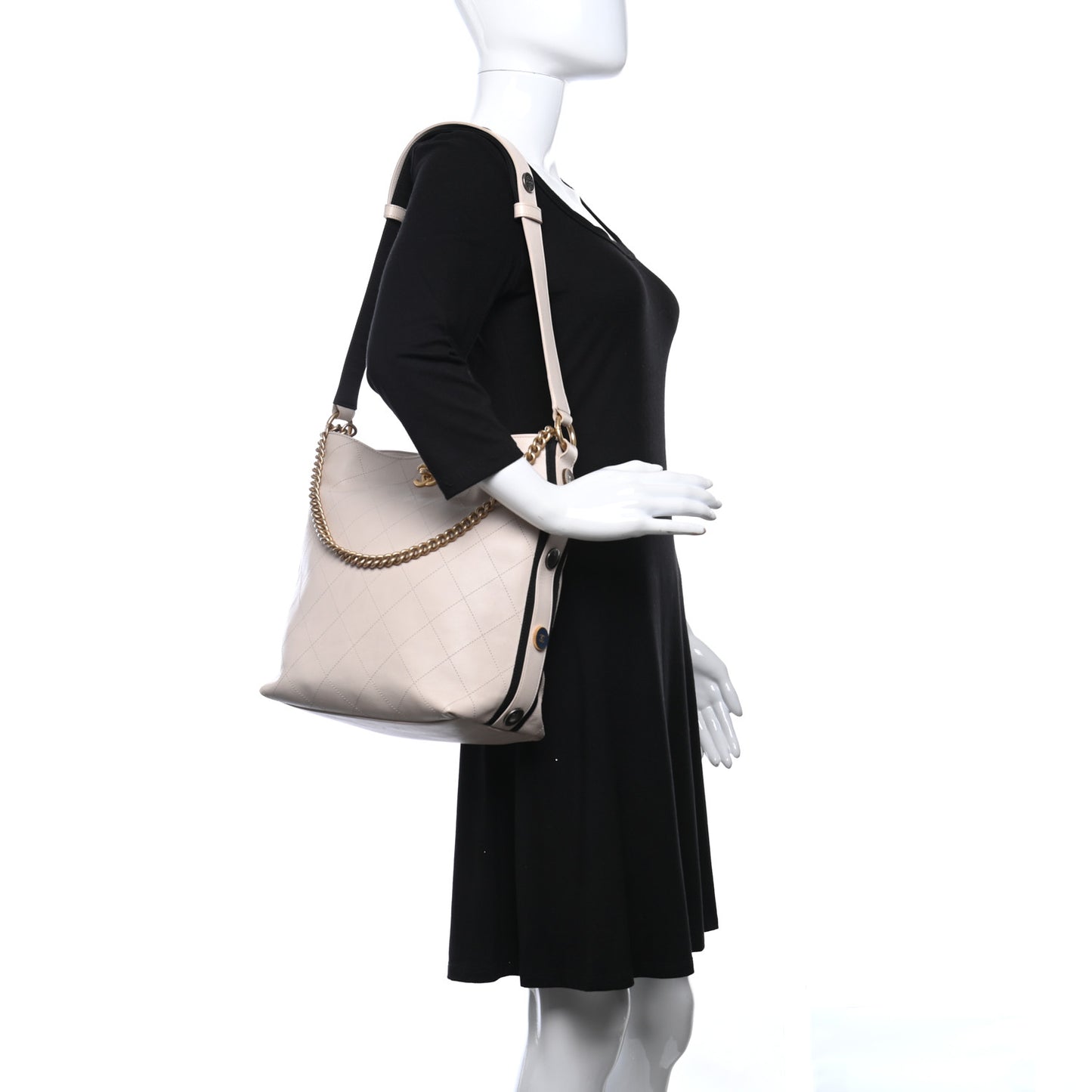 Calfskin Stitched Large Button Up Hobo Ivory Black