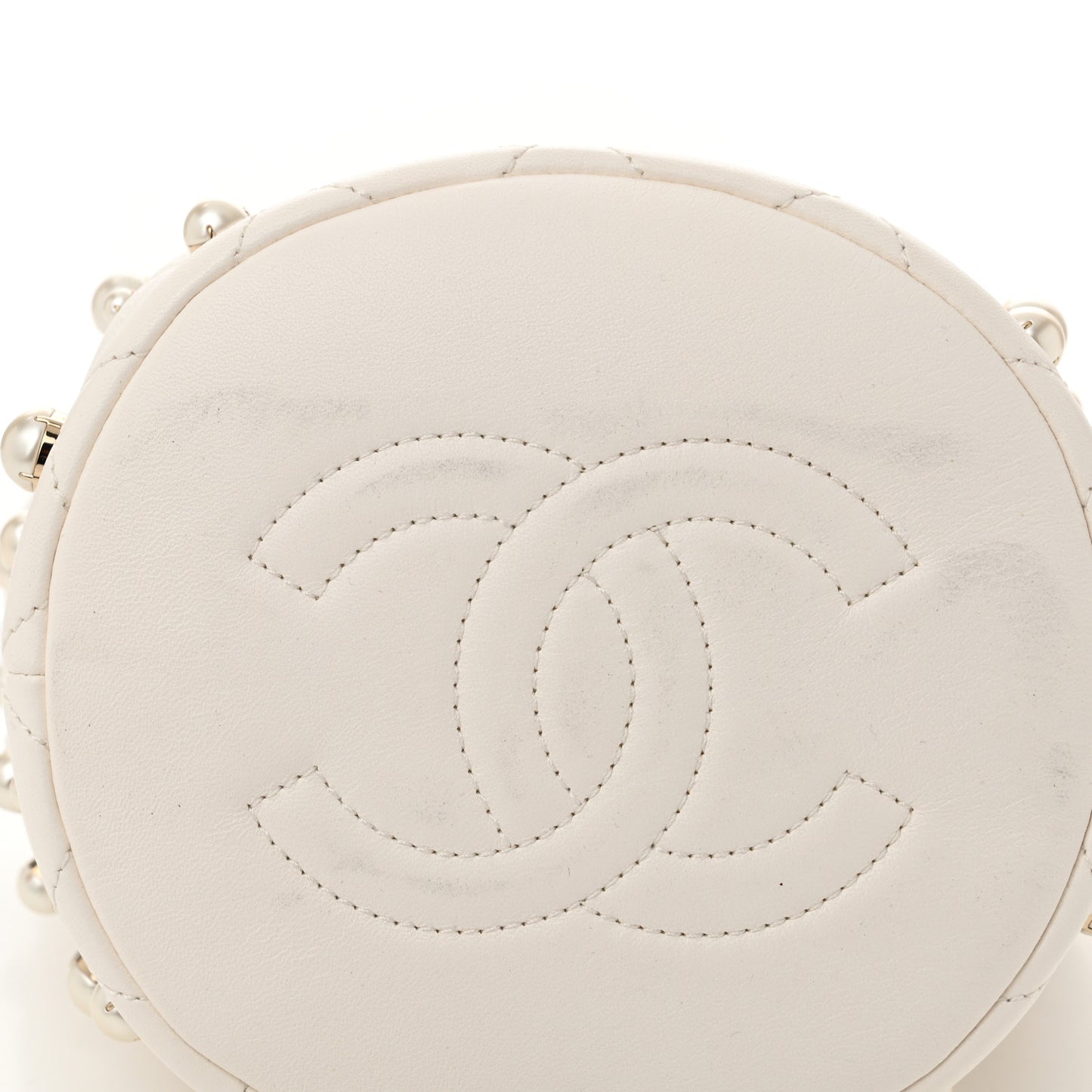 Lambskin Quilted Pearl About Pearls Drawstring Bag White