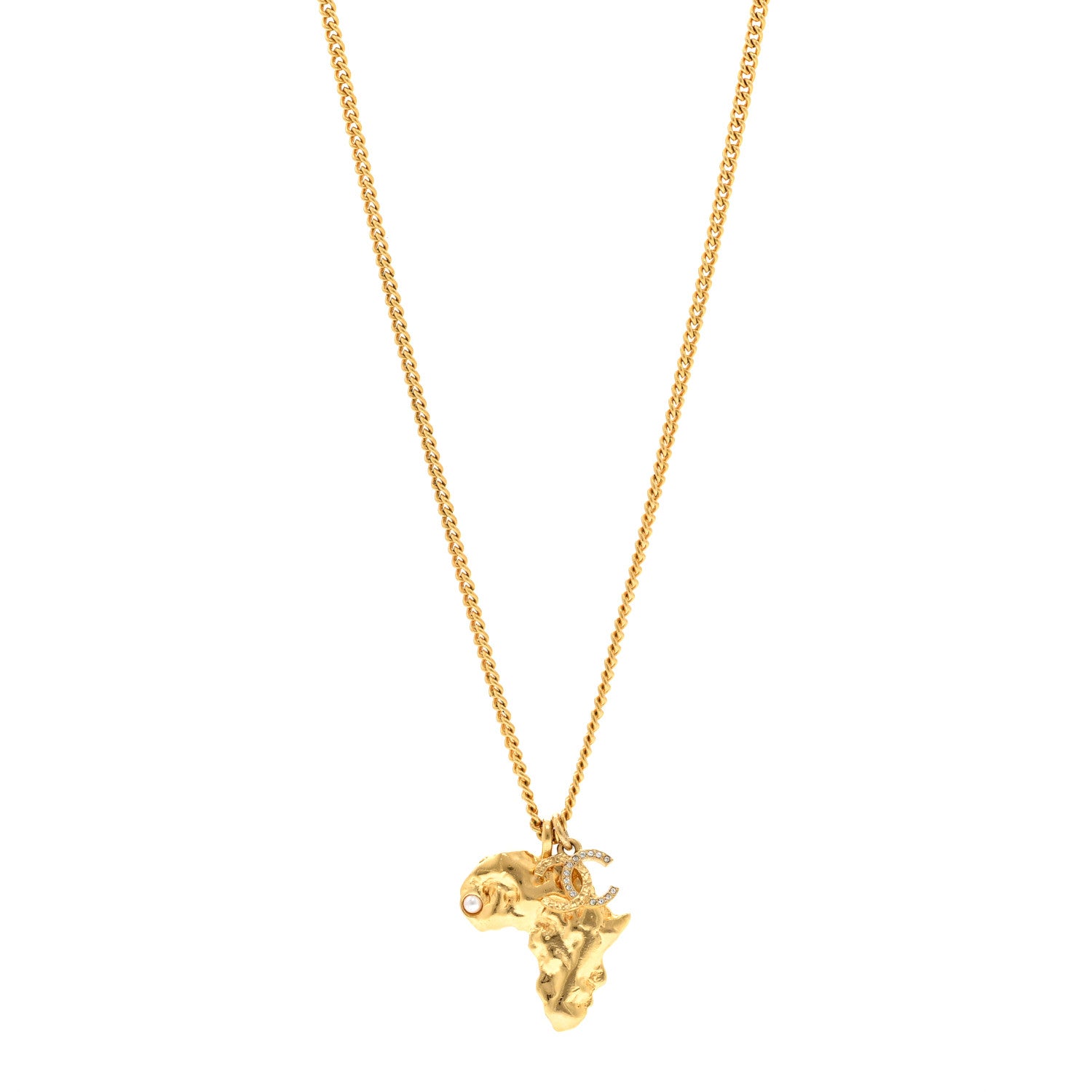 Chanel Crystal Pearl CC Africa Pendant Necklace Gold White 1817708
