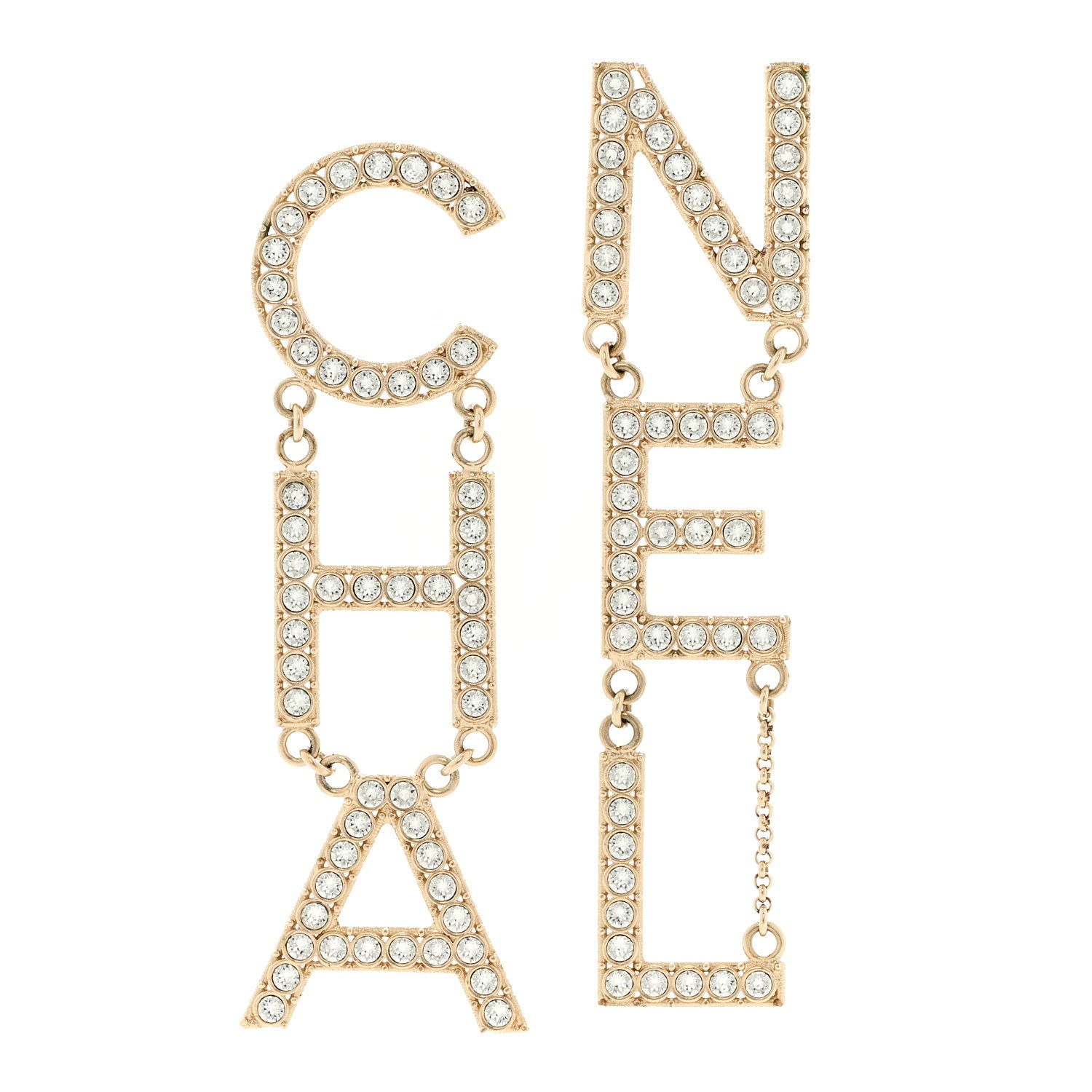 Chanel Crystal Cha-Nel Logo Drop Earrings Gold 1 of 6