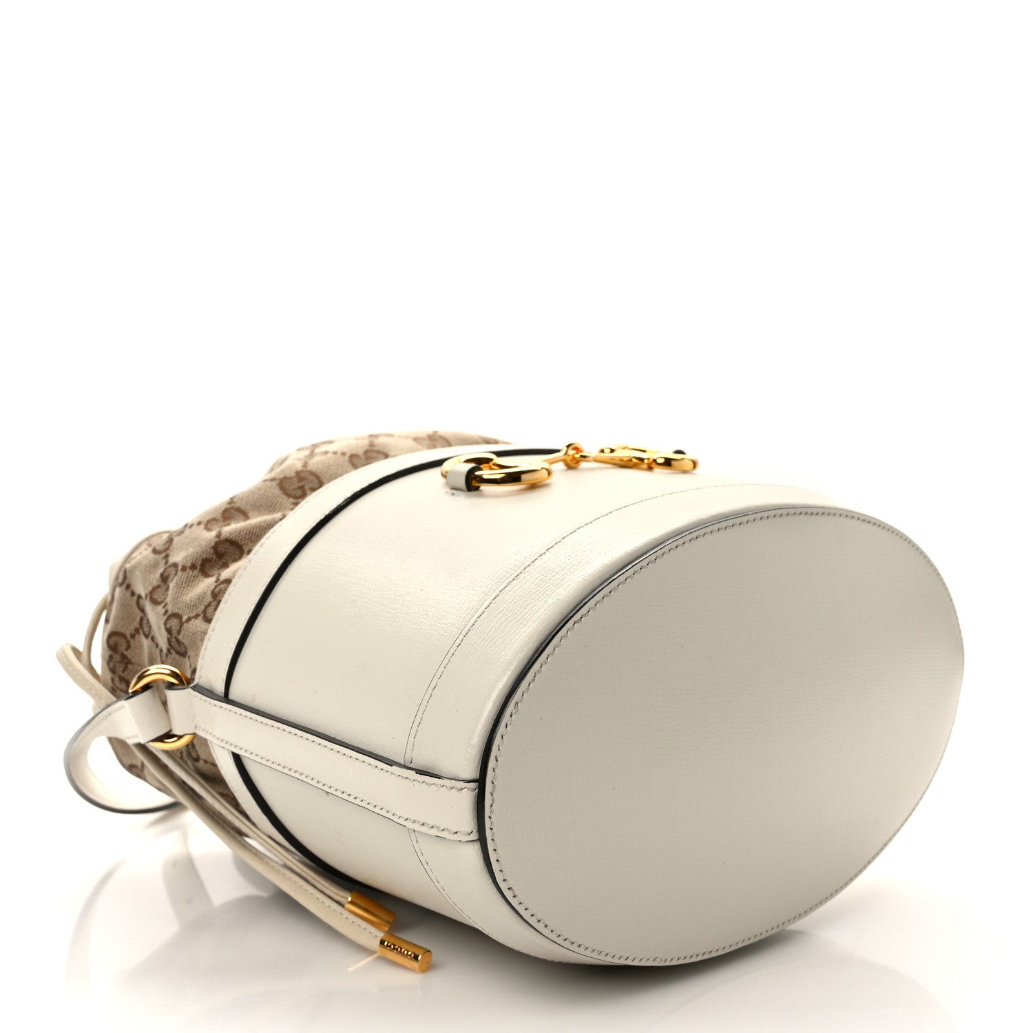 Gucci Monogram Textured Calfskin Horsebit 1955 Drawstring Bucket Bag Beige Mystic White 4 of 13