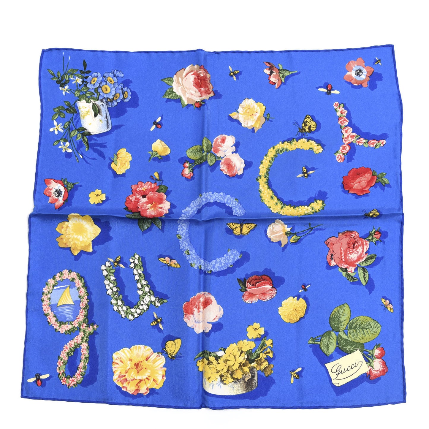 Silk Guccy Floral Print Pocket Square Blue