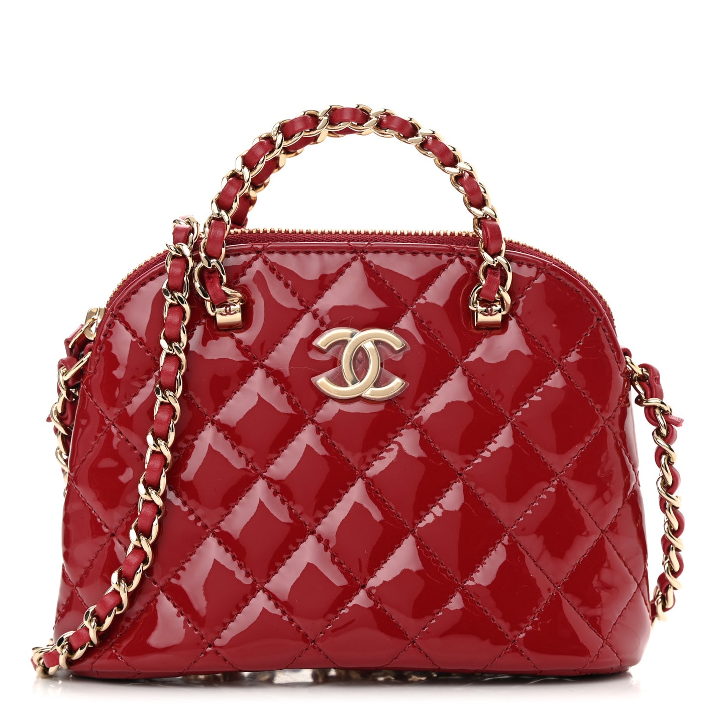 Patent Calfskin Quilted Shiny Coco Clutch With Chain Red