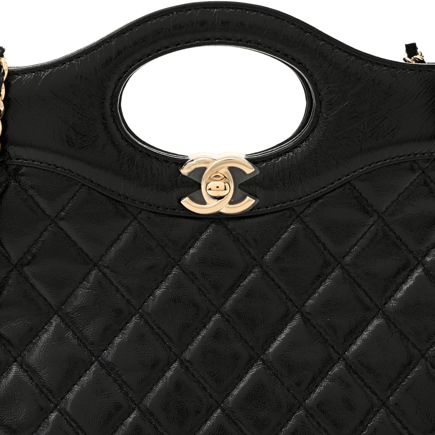 Shiny Crumpled Calfskin Quilted Mini 31 Shopping Bag Black