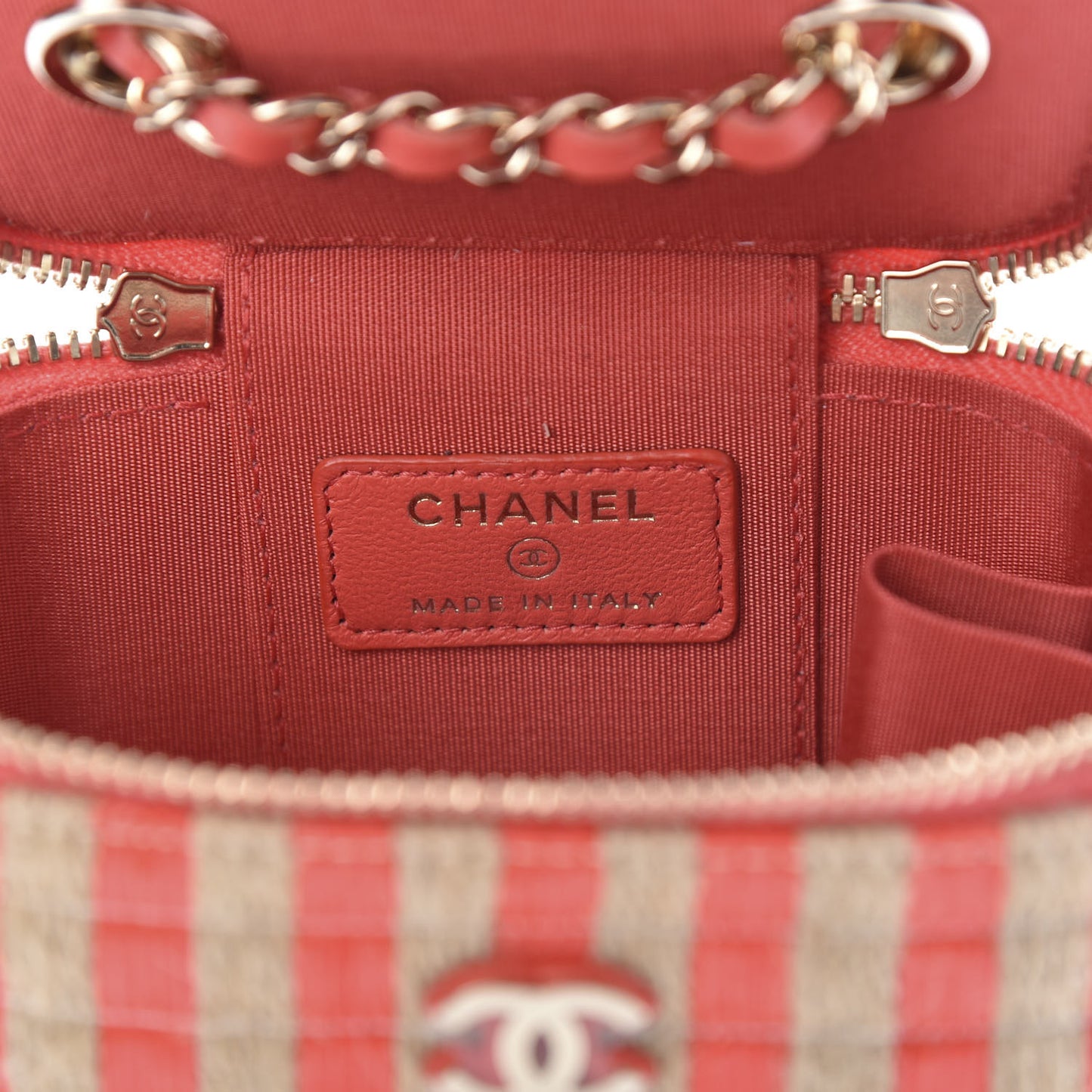 Raffia Jute Striped Mini Vanity Case With Chain Red Beige