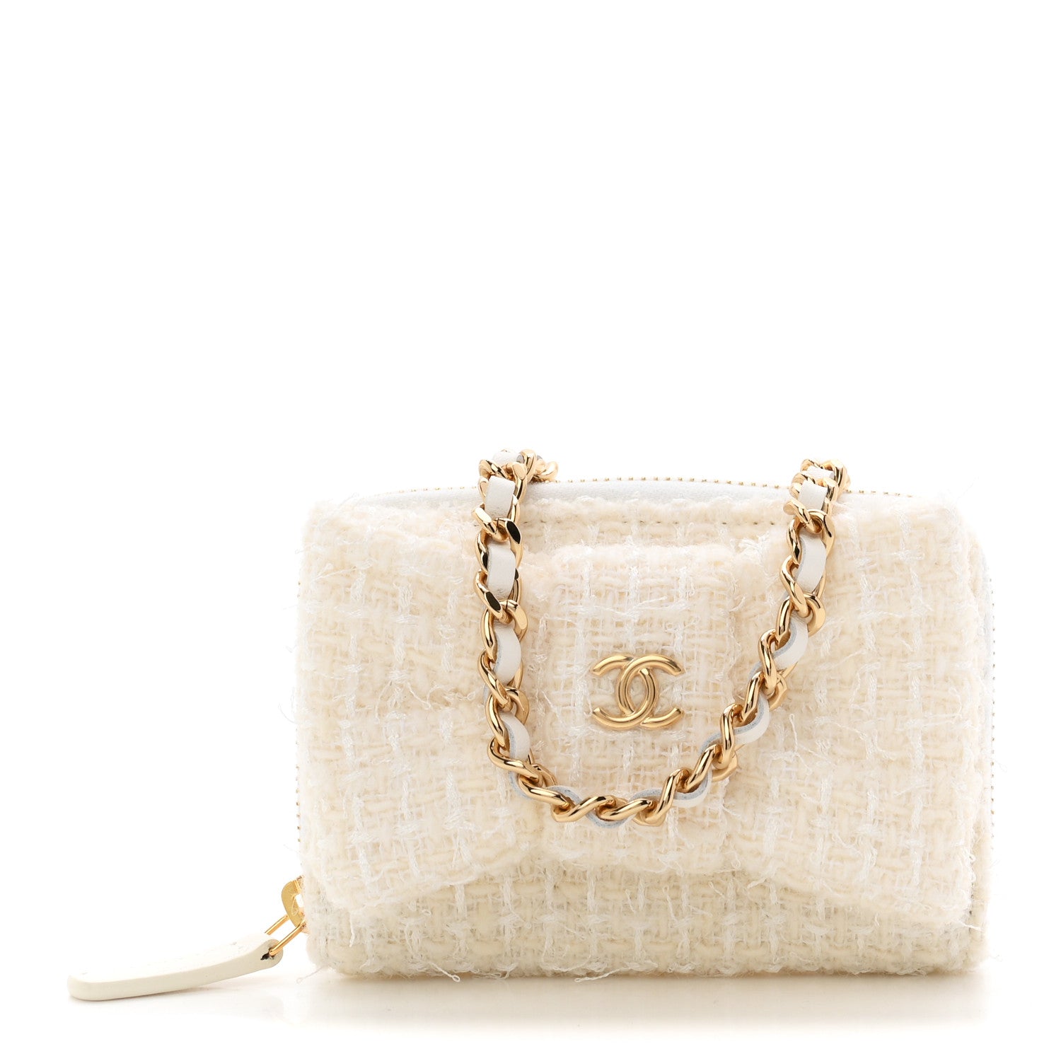 Chanel Tweed Quilted Bow Flap Card Holder On Chain White 1912110