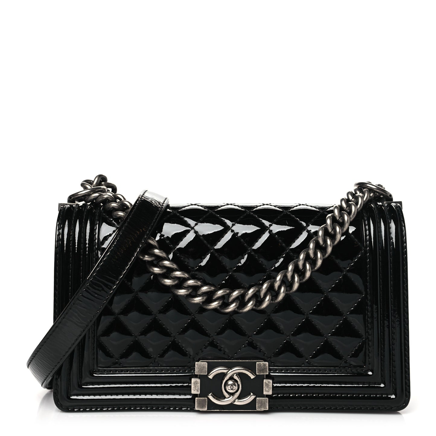 Patent Calfskin Quilted Medium Plexiglass Boy Flap Black