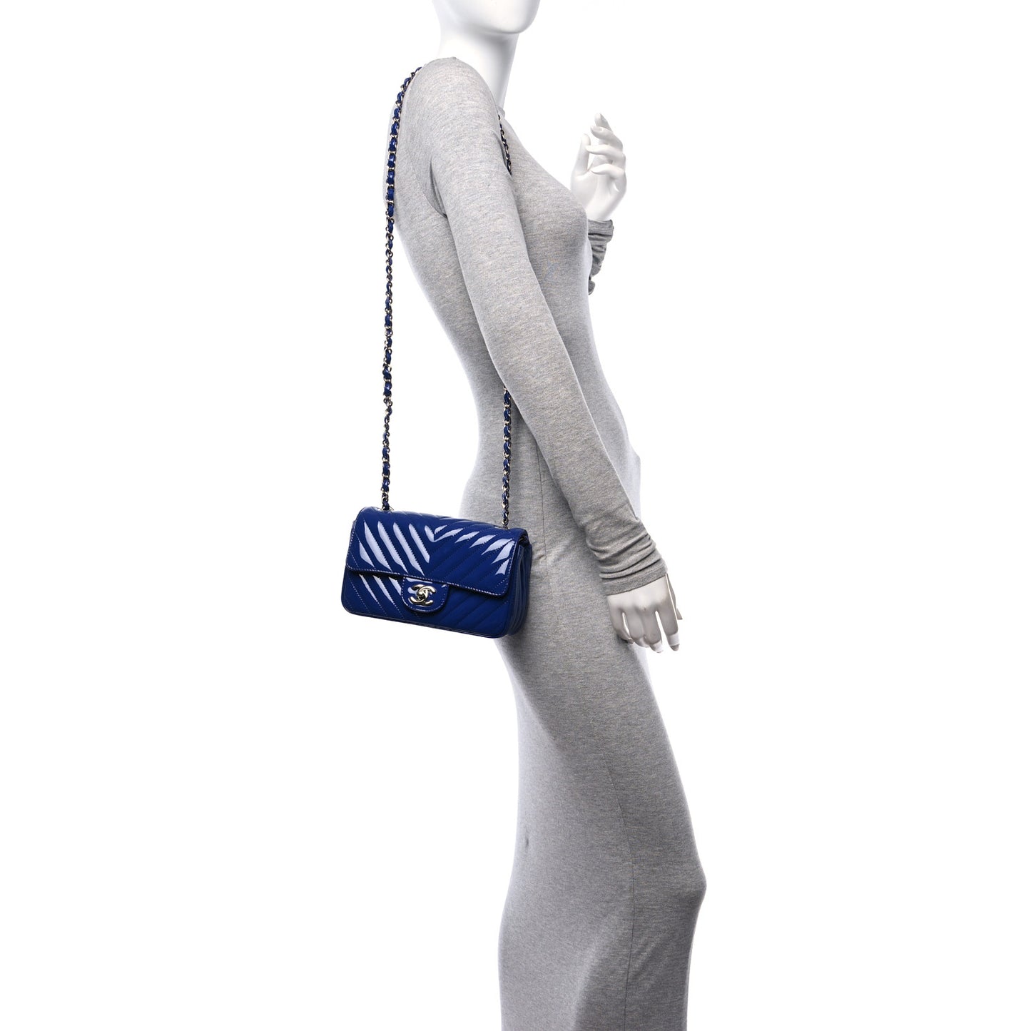Patent Calfskin Chevron Quilted Mini Rectangular Flap Blue