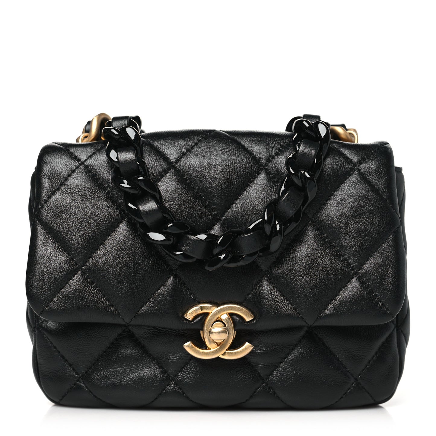 Lambskin Quilted Mini Lacquered Chain Flap Black