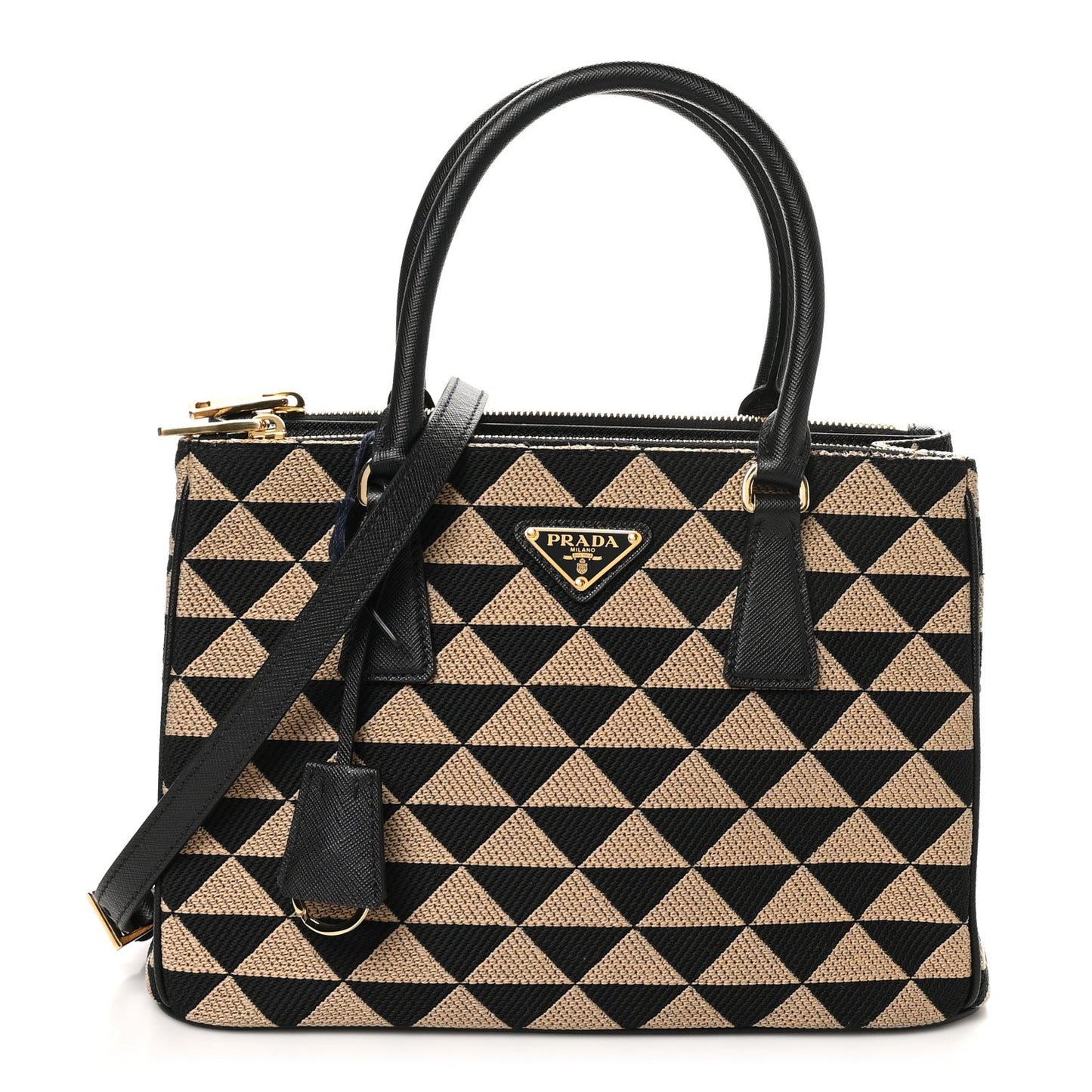 Jacquard Saffiano Triangolo Symbole Embroidered Small Galleria Double Zip Tote Black Corda